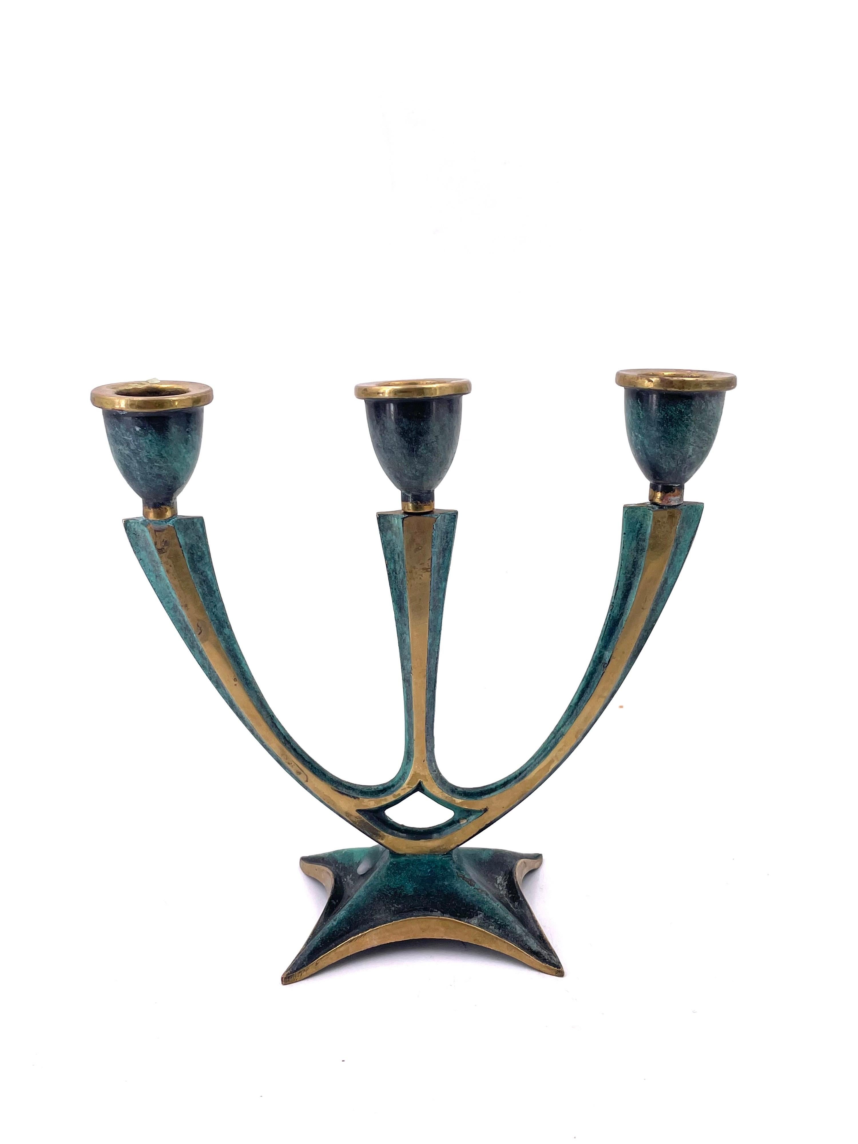 Vintage midcentury candleholders, brass with faux green patina (painted). Handmade by Kadar in Israel in 1960s. Good vintage condition. Clean. Beautiful accessories that add a modernist golden touch to any space.