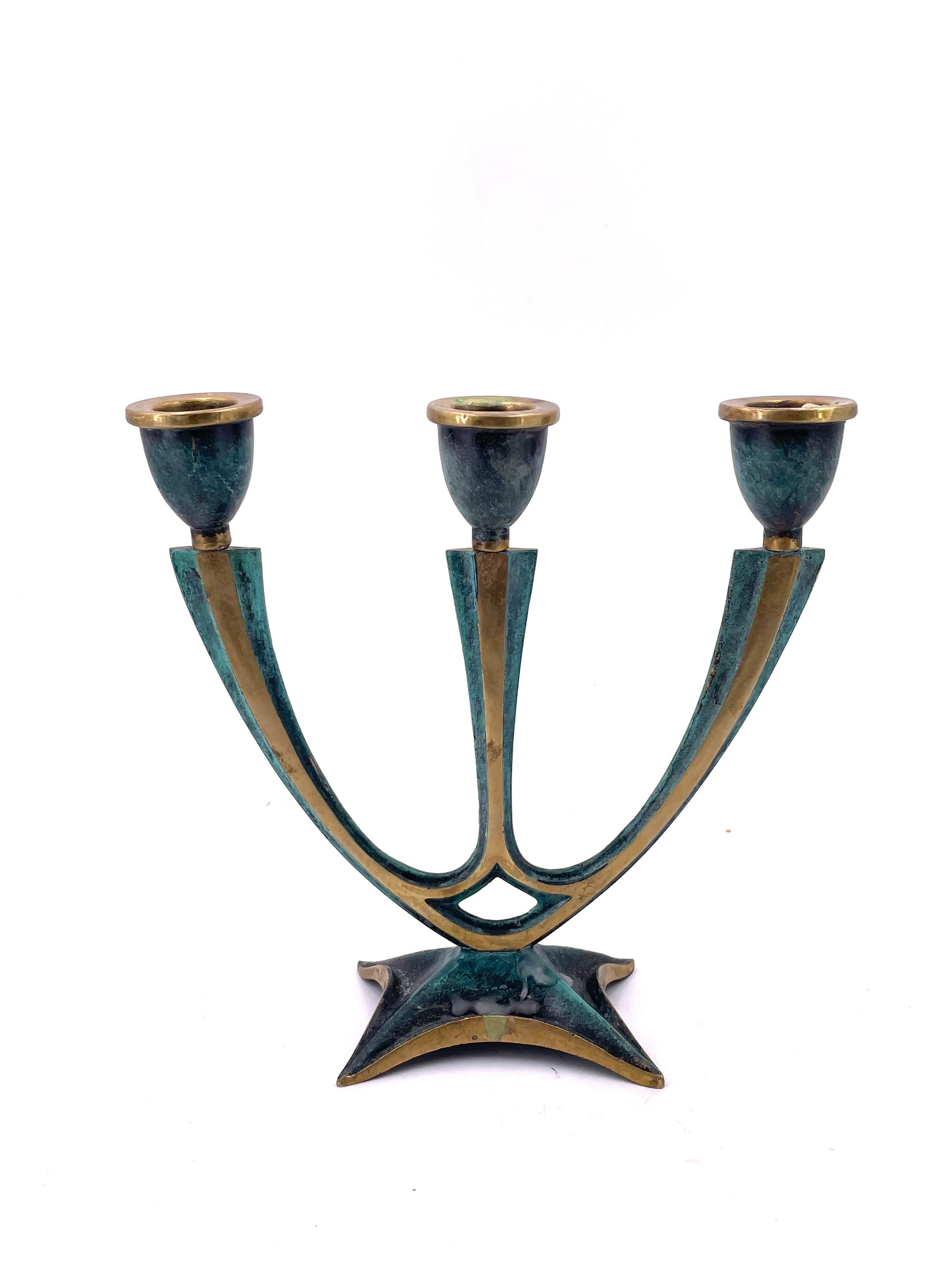Israeli Midcentury Brass Candleholder Brutalist Style
