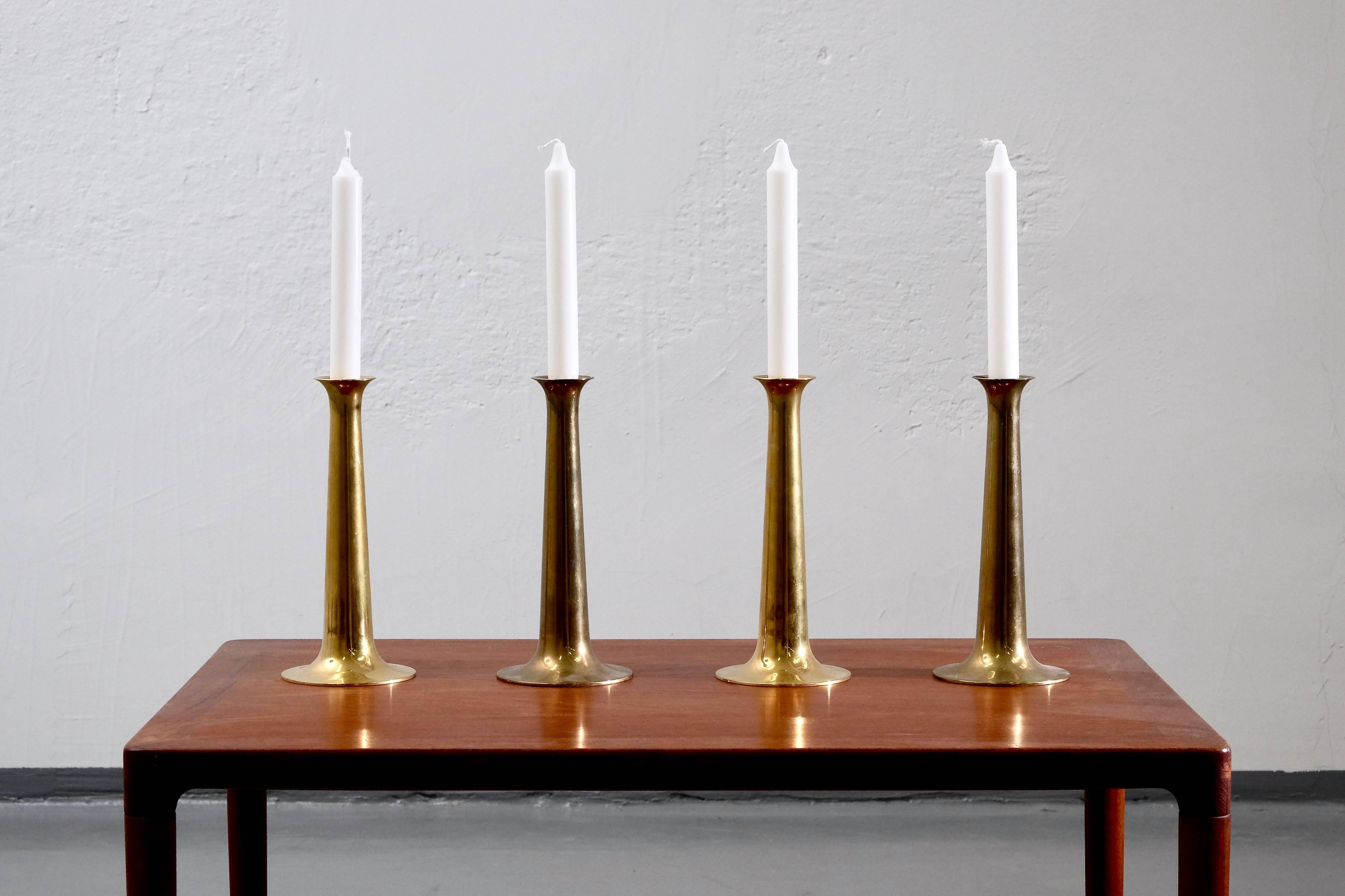 Scandinavian Modern Midcentury Brass Candlesticks by Hans Bolling for Torben Ørskov, Set of Four