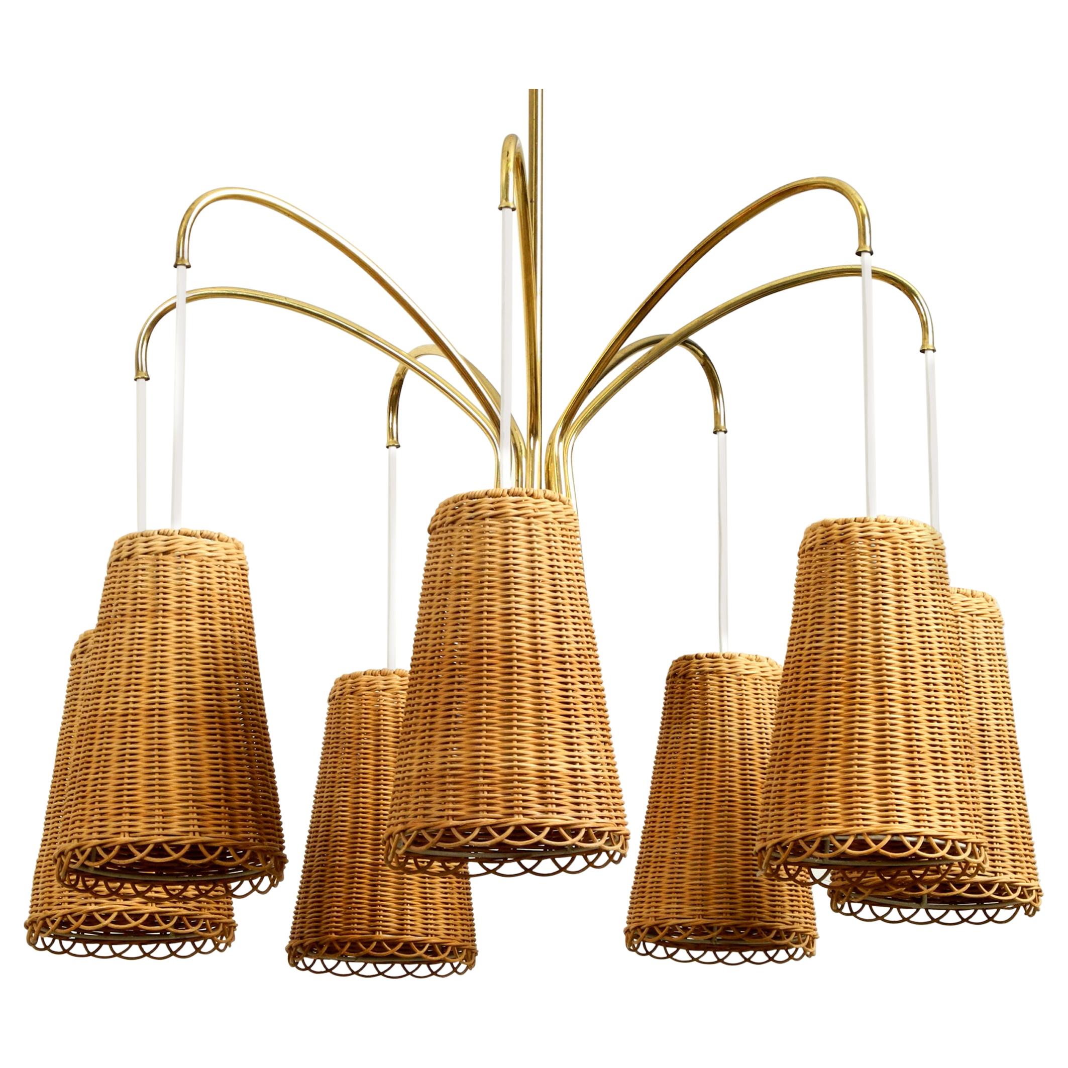 Midcentury Brass Ceiling Lamp with 7 Basket Shades, Vereinigte Werkstätten