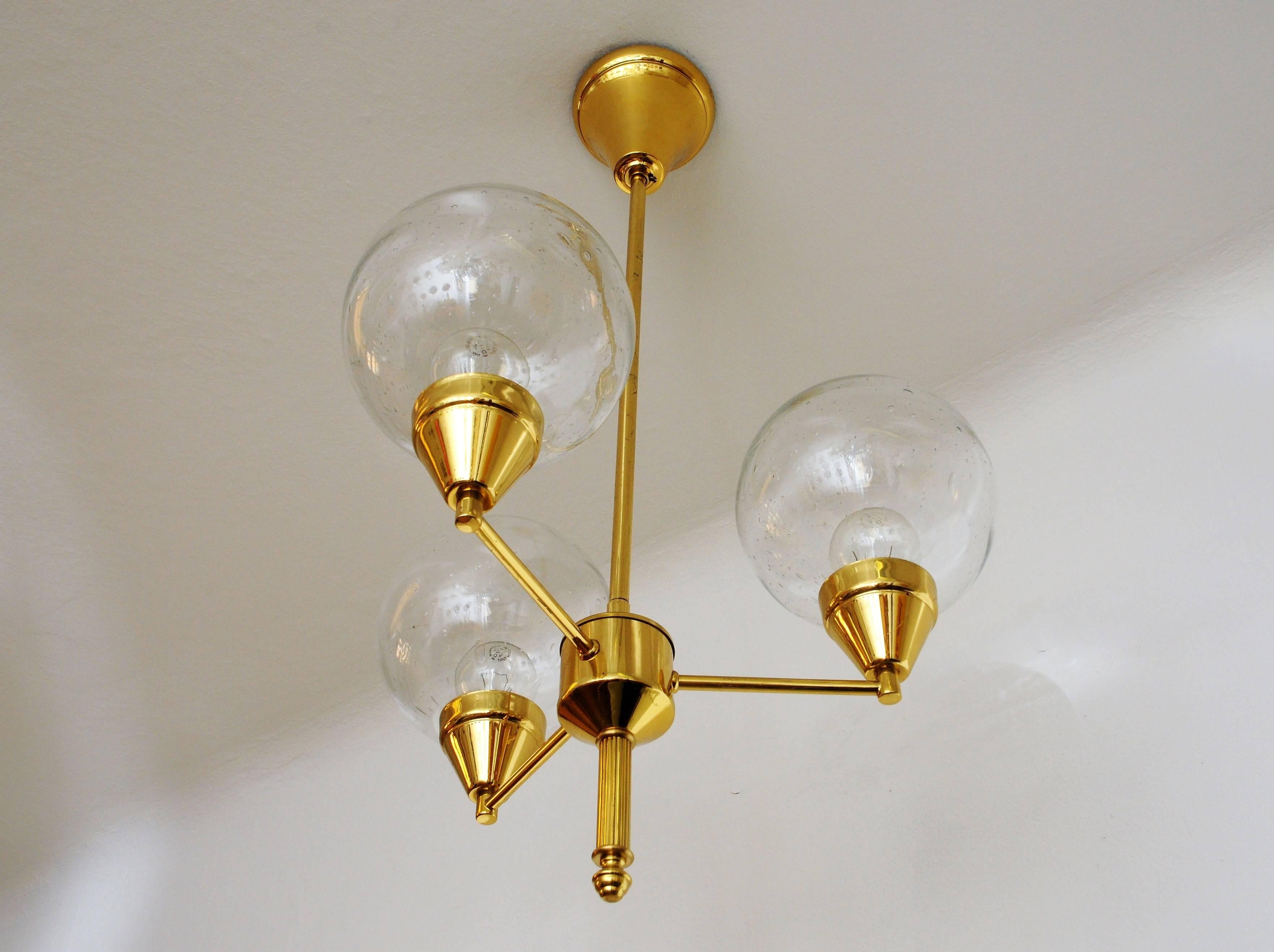 Scandinavian Modern Midcentury Brass Ceiling Lamp with Three Clear Glass Domes 1960s, Sweden