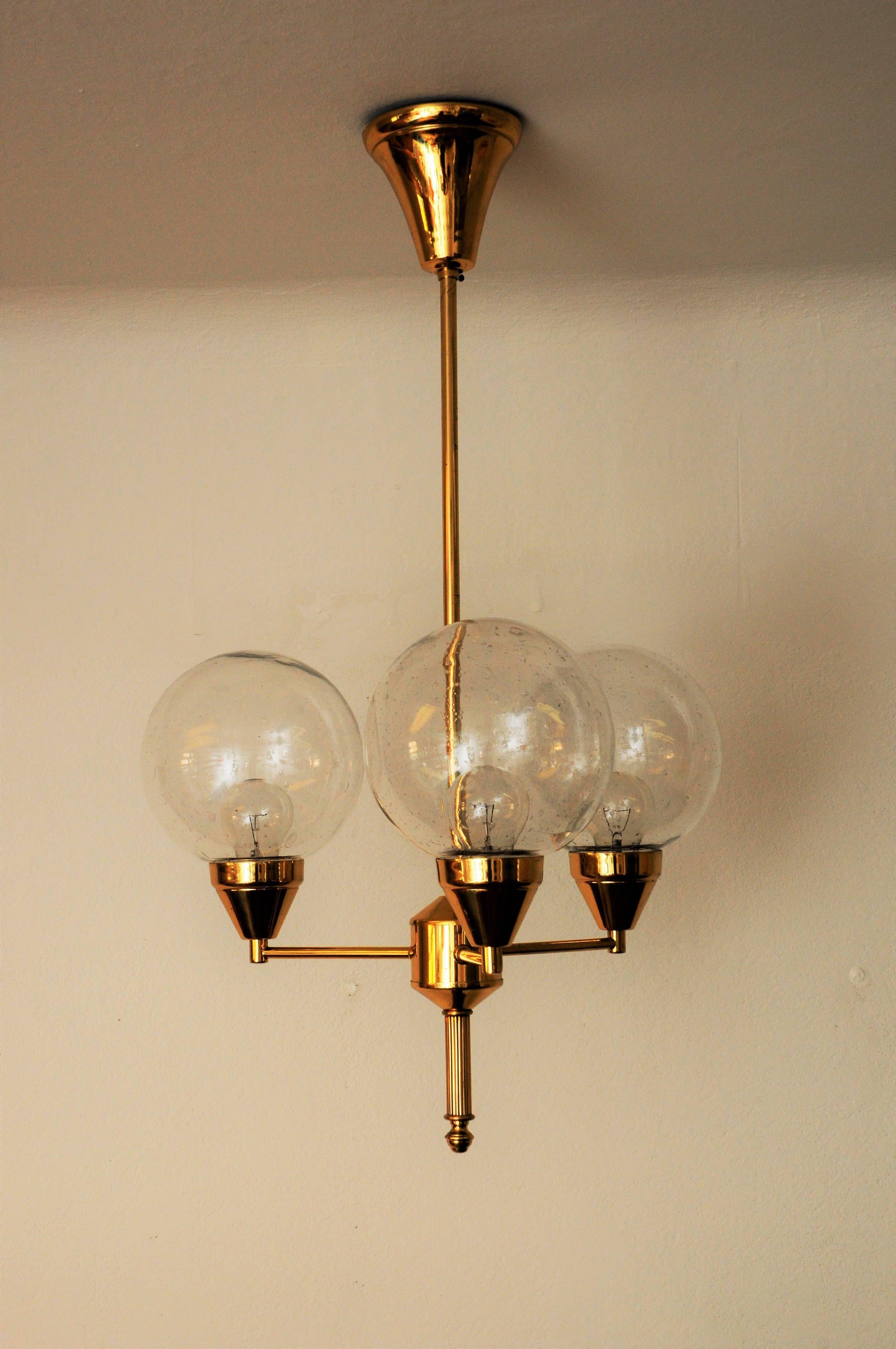 Swedish Midcentury Brass Ceiling Lamp with Three Clear Glass Domes 1960s, Sweden