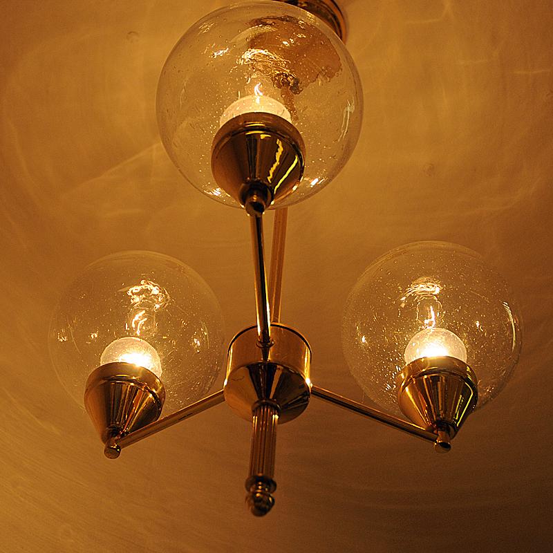 Midcentury Brass Ceiling Lamp with Three Clear Glass Domes 1960s, Sweden 1