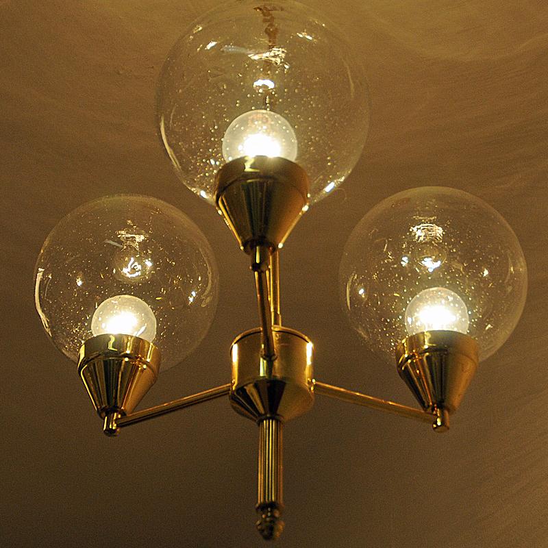 Midcentury Brass Ceiling Lamp with Three Clear Glass Domes 1960s, Sweden 3