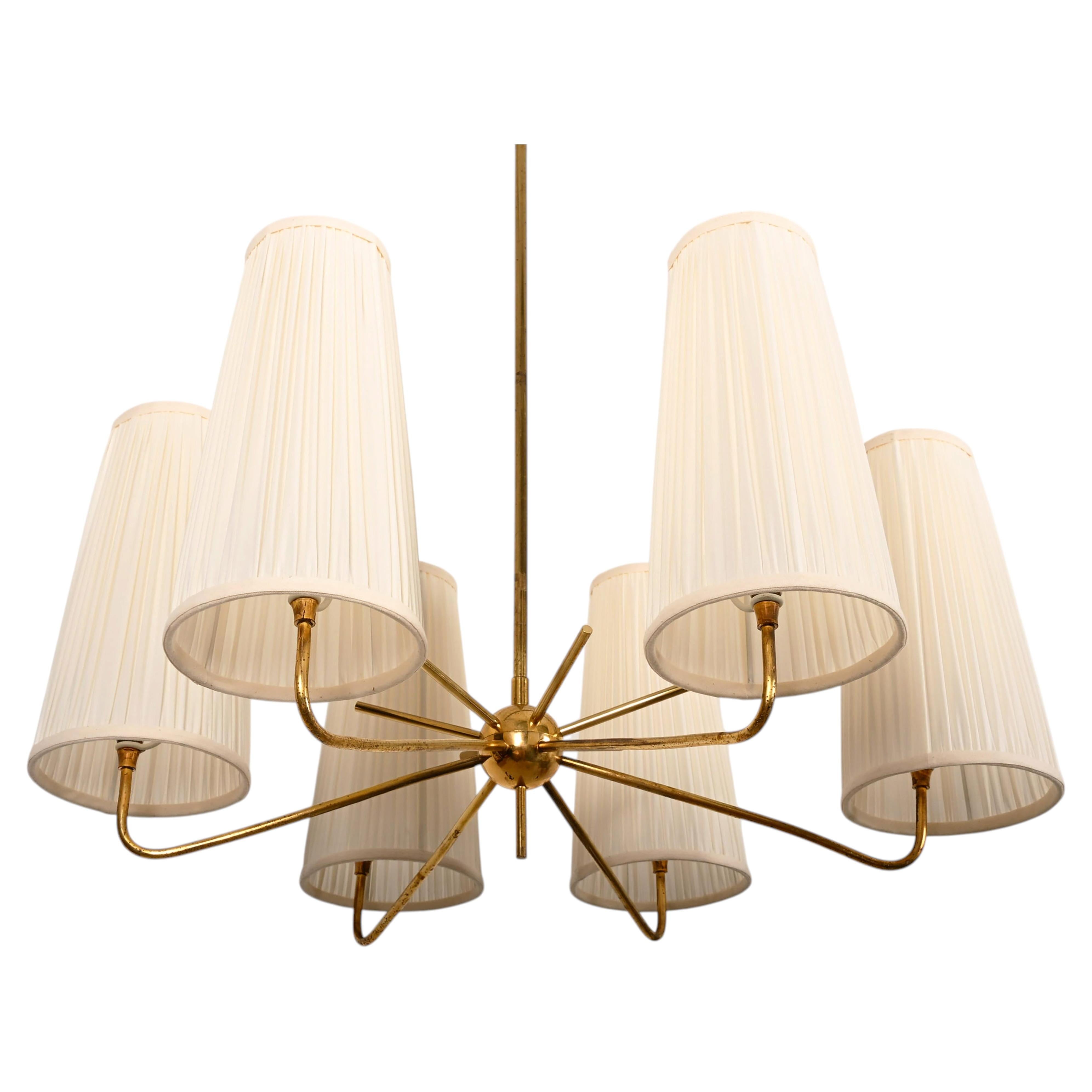 Midcentury Brass Chandelier by Rupert Nikoll With Silk Shades
