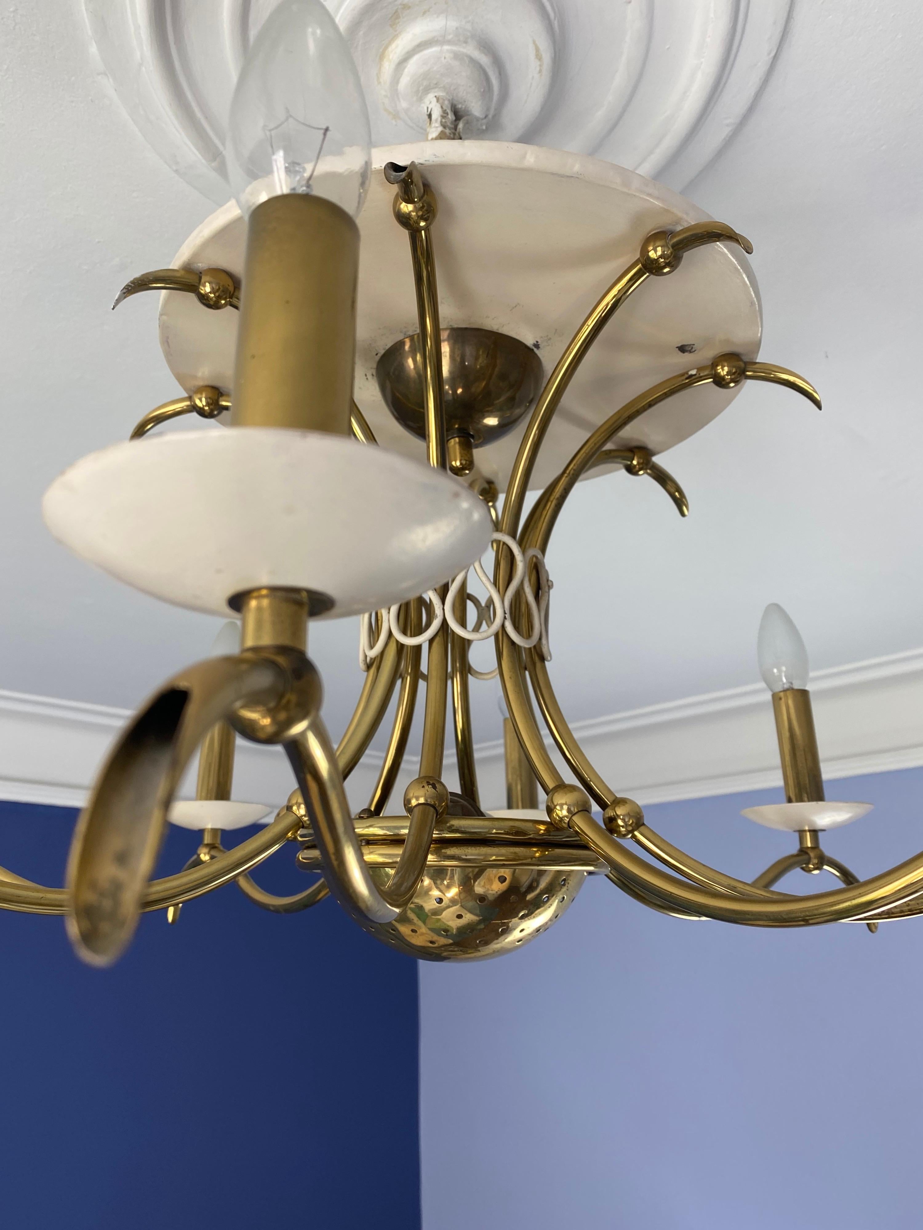 Midcentury Brass Chandelier Flush Mount 1950s in the Style of or from Gio Ponti For Sale 6