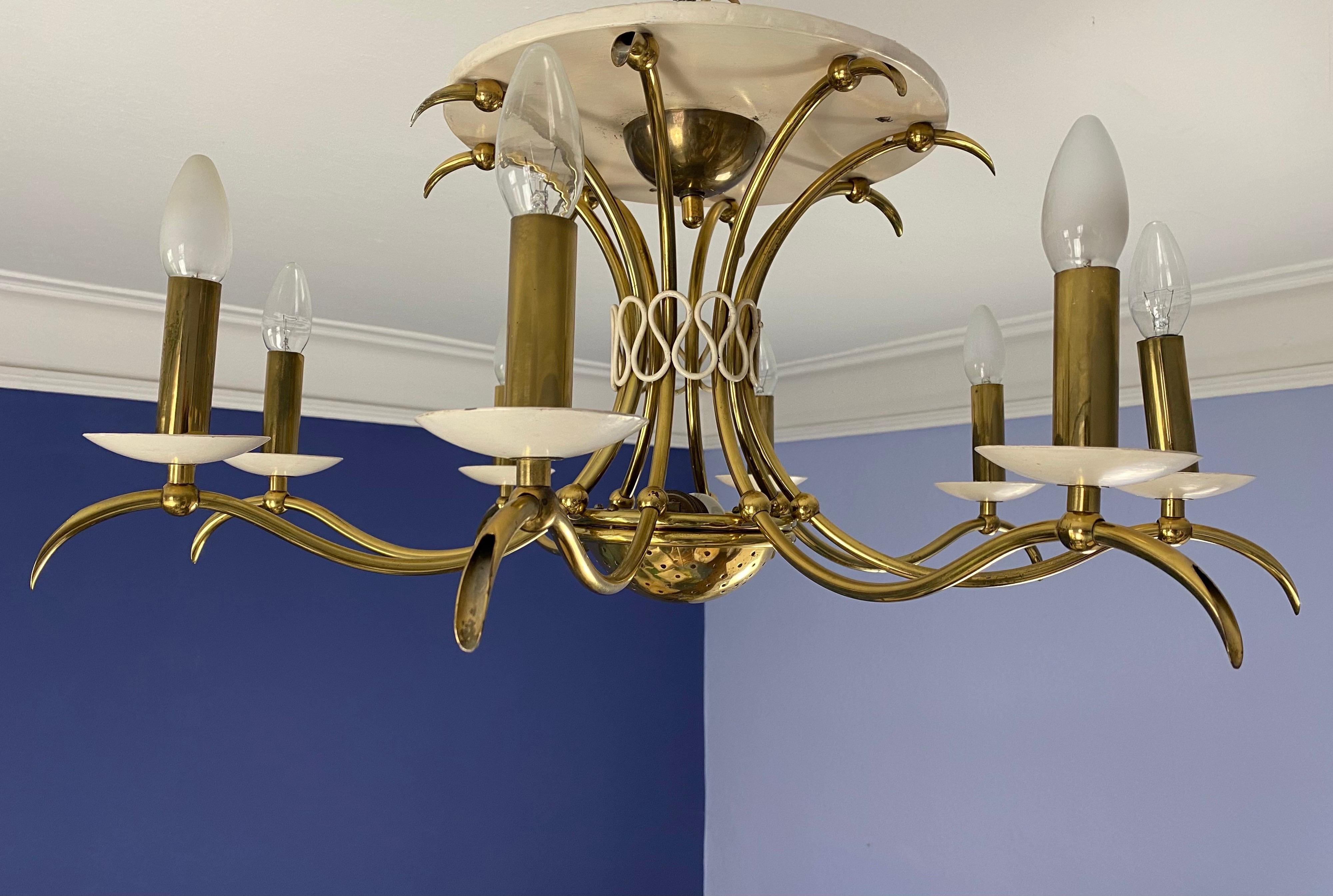 Midcentury Brass Chandelier Flush Mount 1950s in the Style of or from Gio Ponti For Sale 7