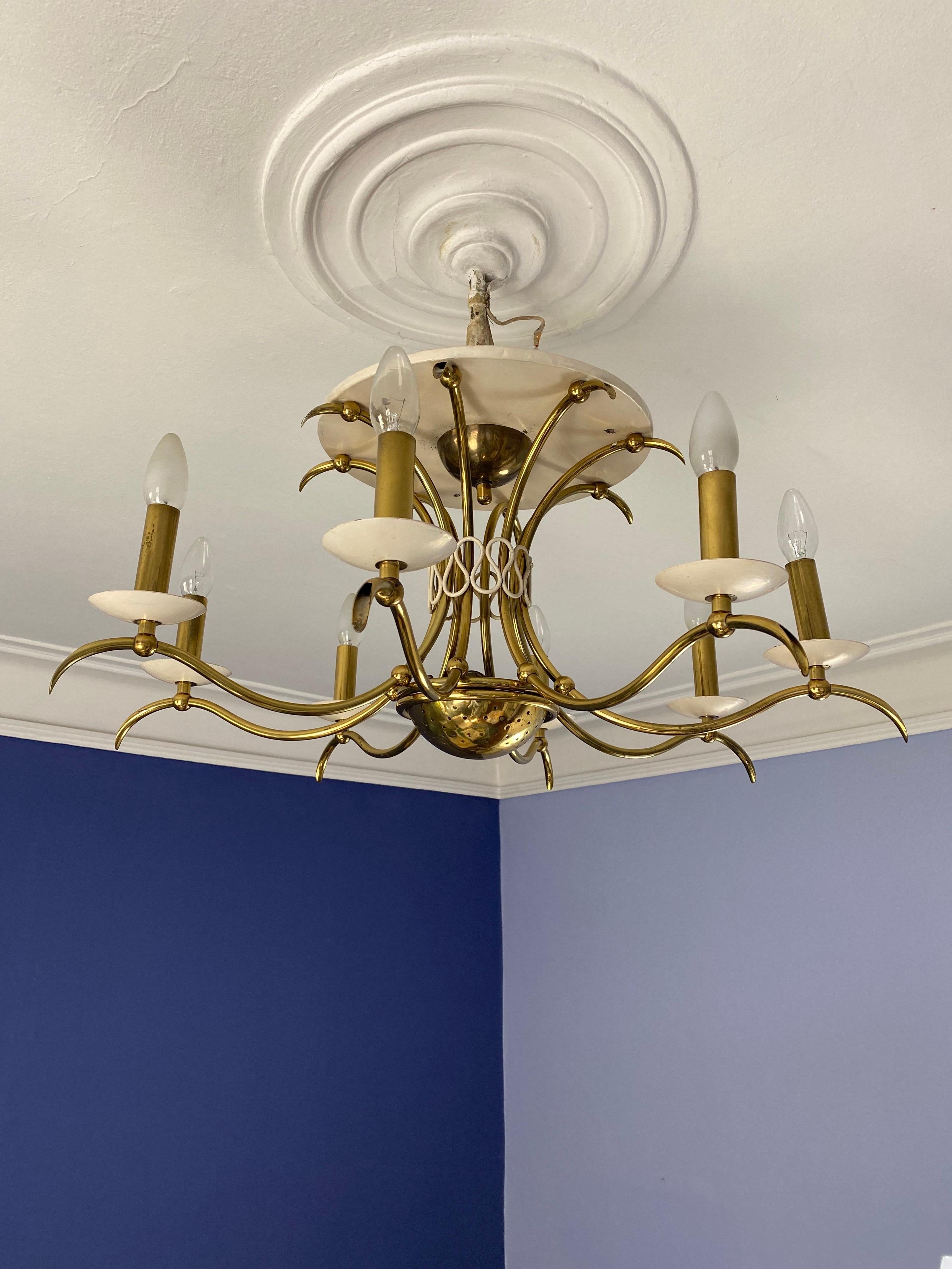 Midcentury Brass Chandelier Flush Mount 1950s in the Style of or from Gio Ponti For Sale 12