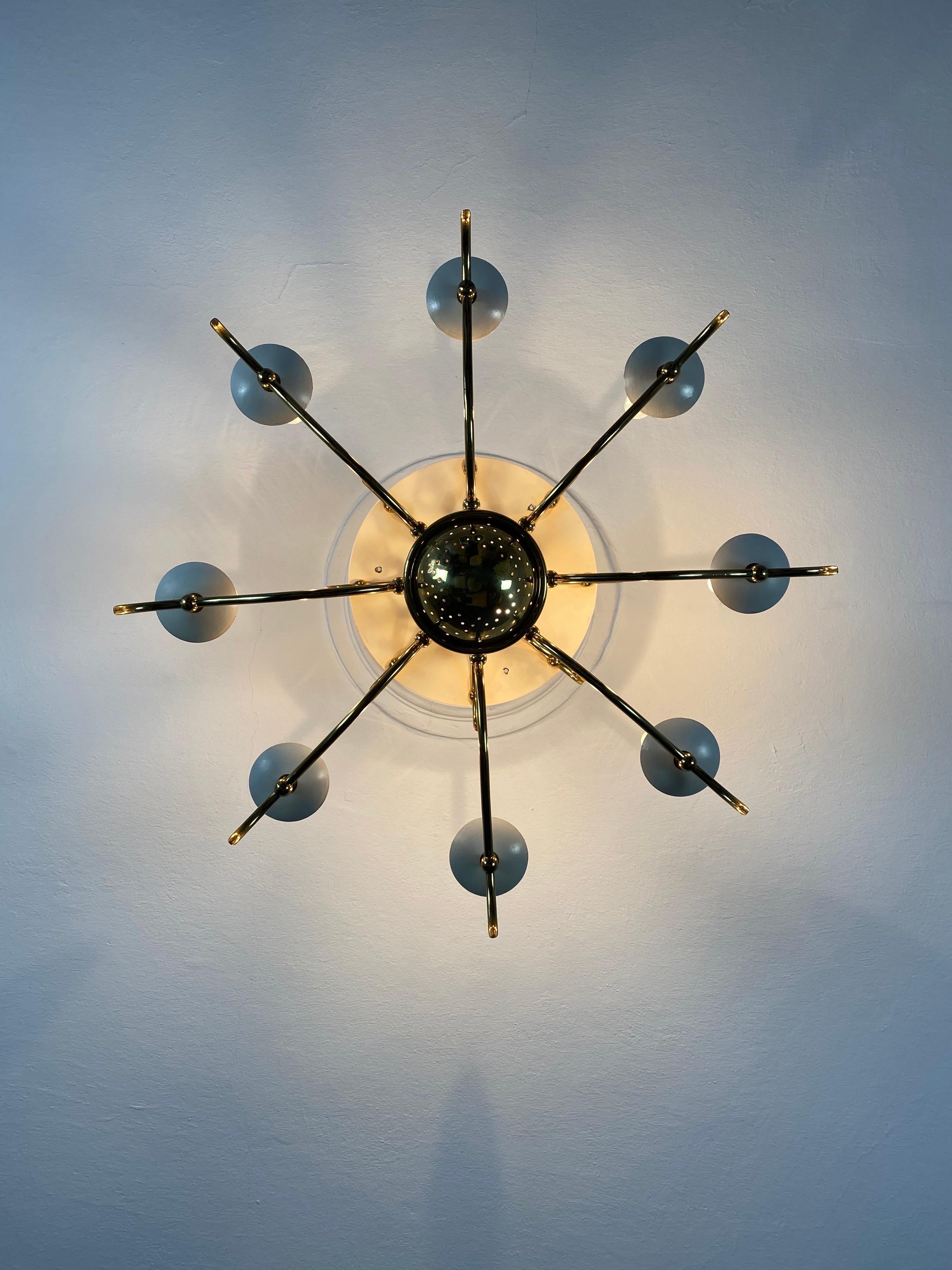 Midcentury Brass Chandelier Flush Mount 1950s in the Style of or from Gio Ponti In Good Condition For Sale In Halle, DE