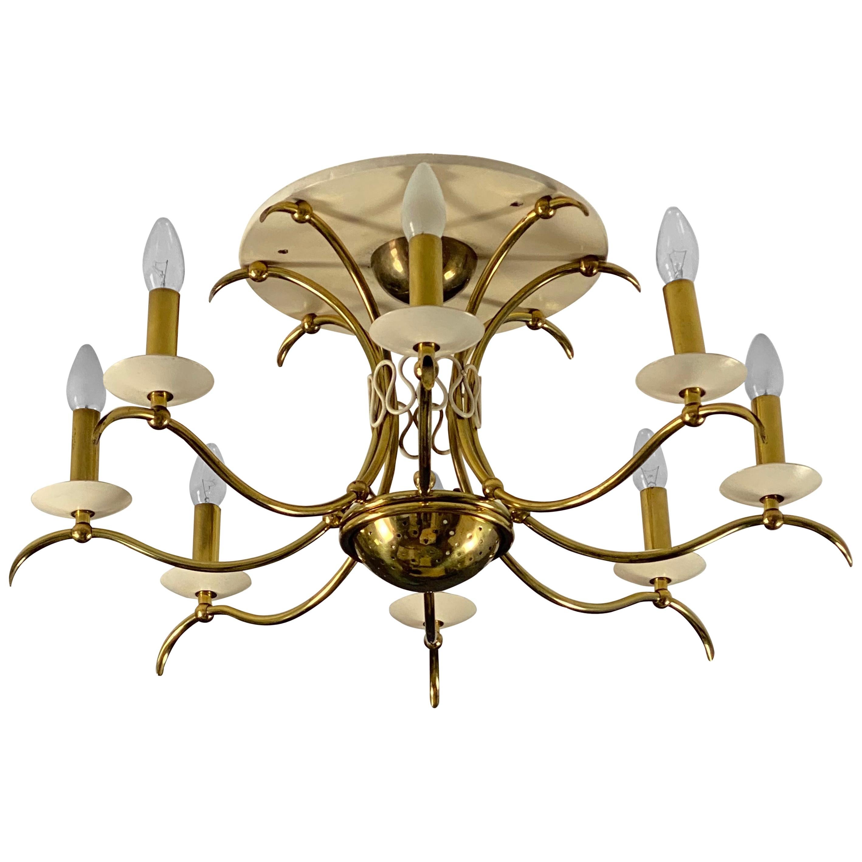 Midcentury Brass Chandelier Flush Mount 1950s in the Style of or from Gio Ponti For Sale
