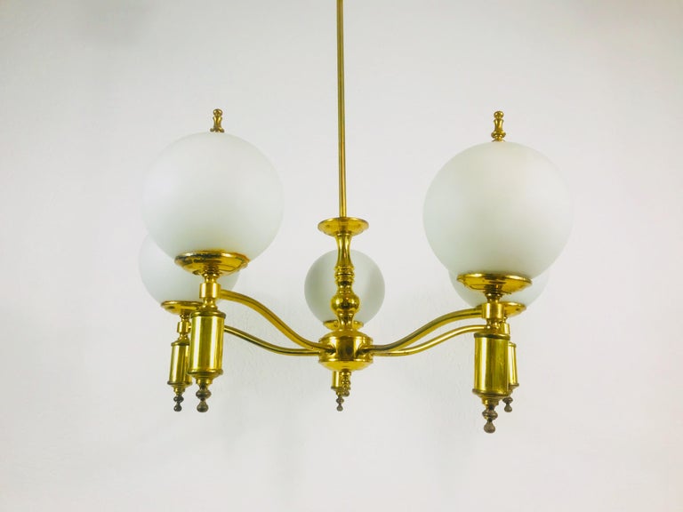 Mid-Century Modern Midcentury Brass Chandelier in the Style of Maison Lunel, 1950s For Sale