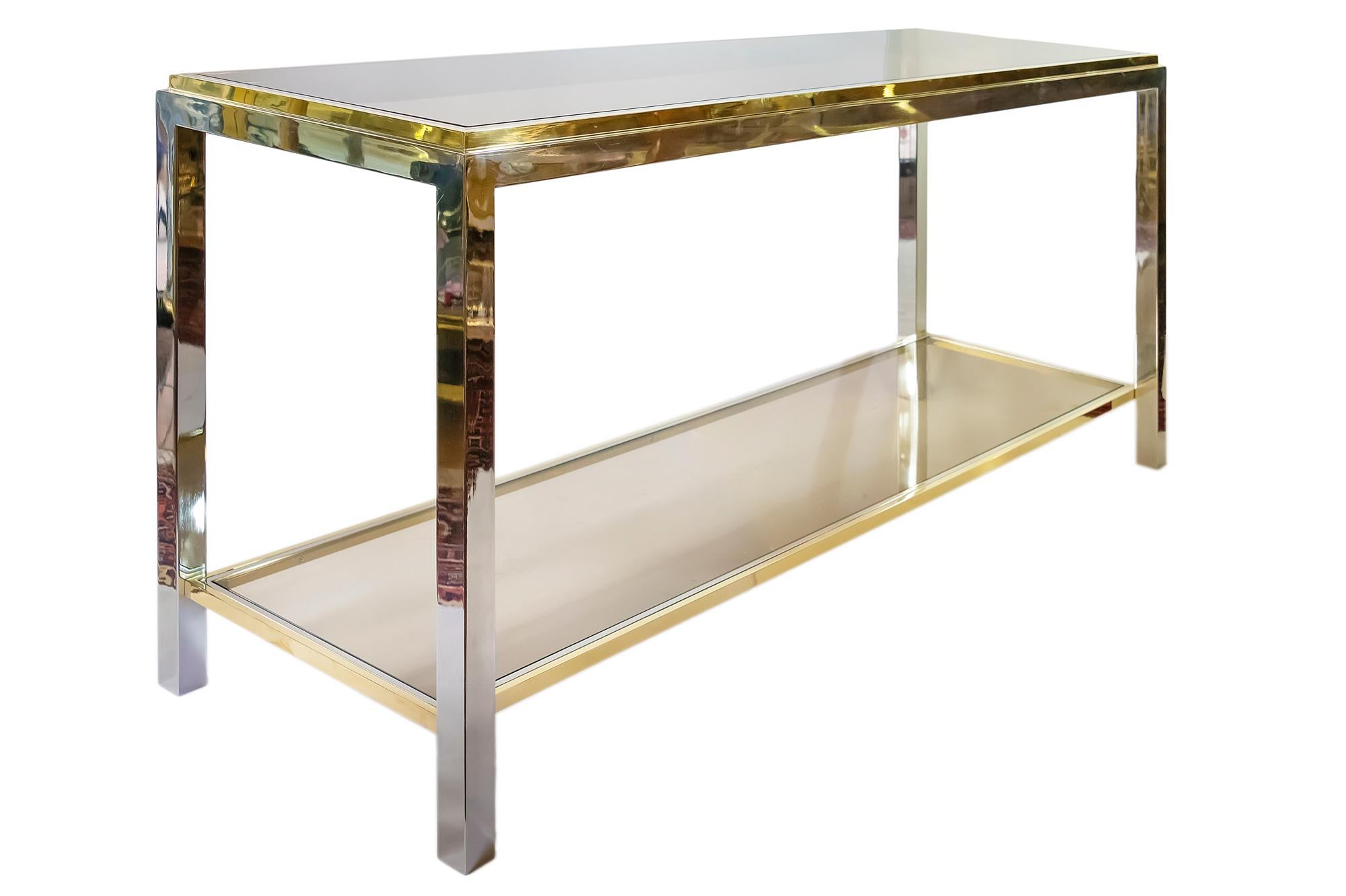 French Midcentury Brass, Chrome and Glass Console Table, by Jean Charles