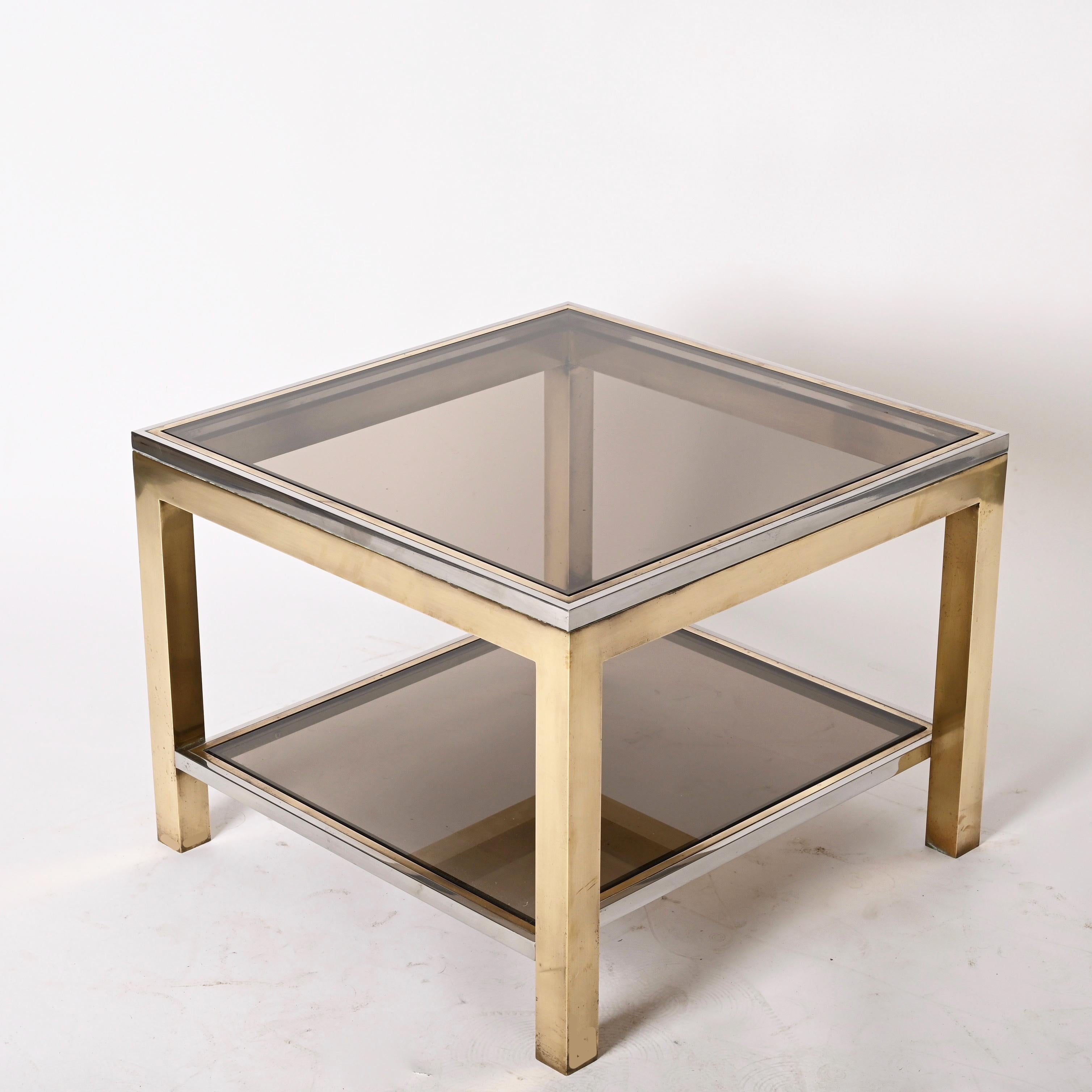 Late 20th Century Midcentury Brass, Chrome and Glass Italian Coffee Table After Romeo Rega, 1970 For Sale