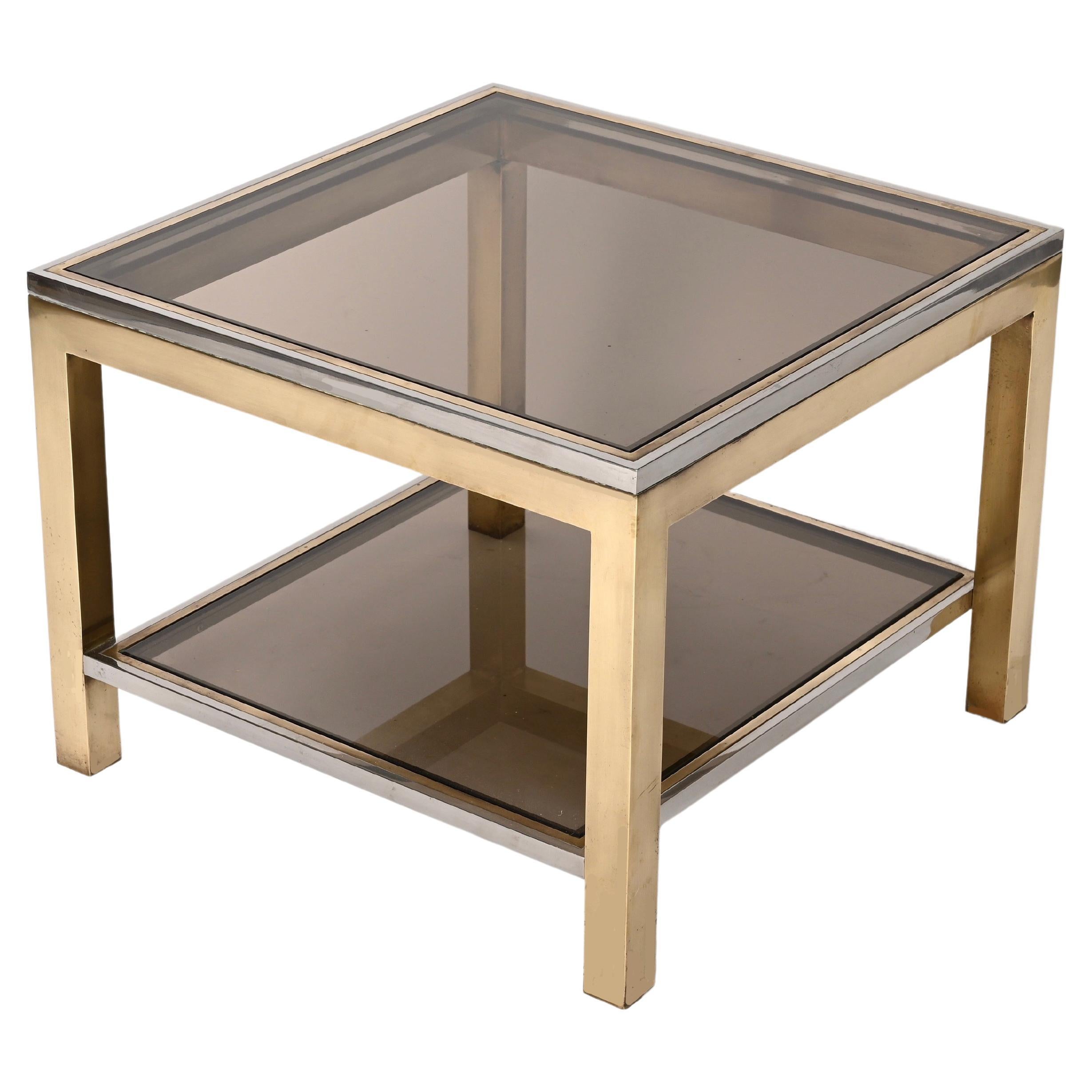 Midcentury Brass, Chrome and Glass Italian Coffee Table After Romeo Rega, 1970 For Sale