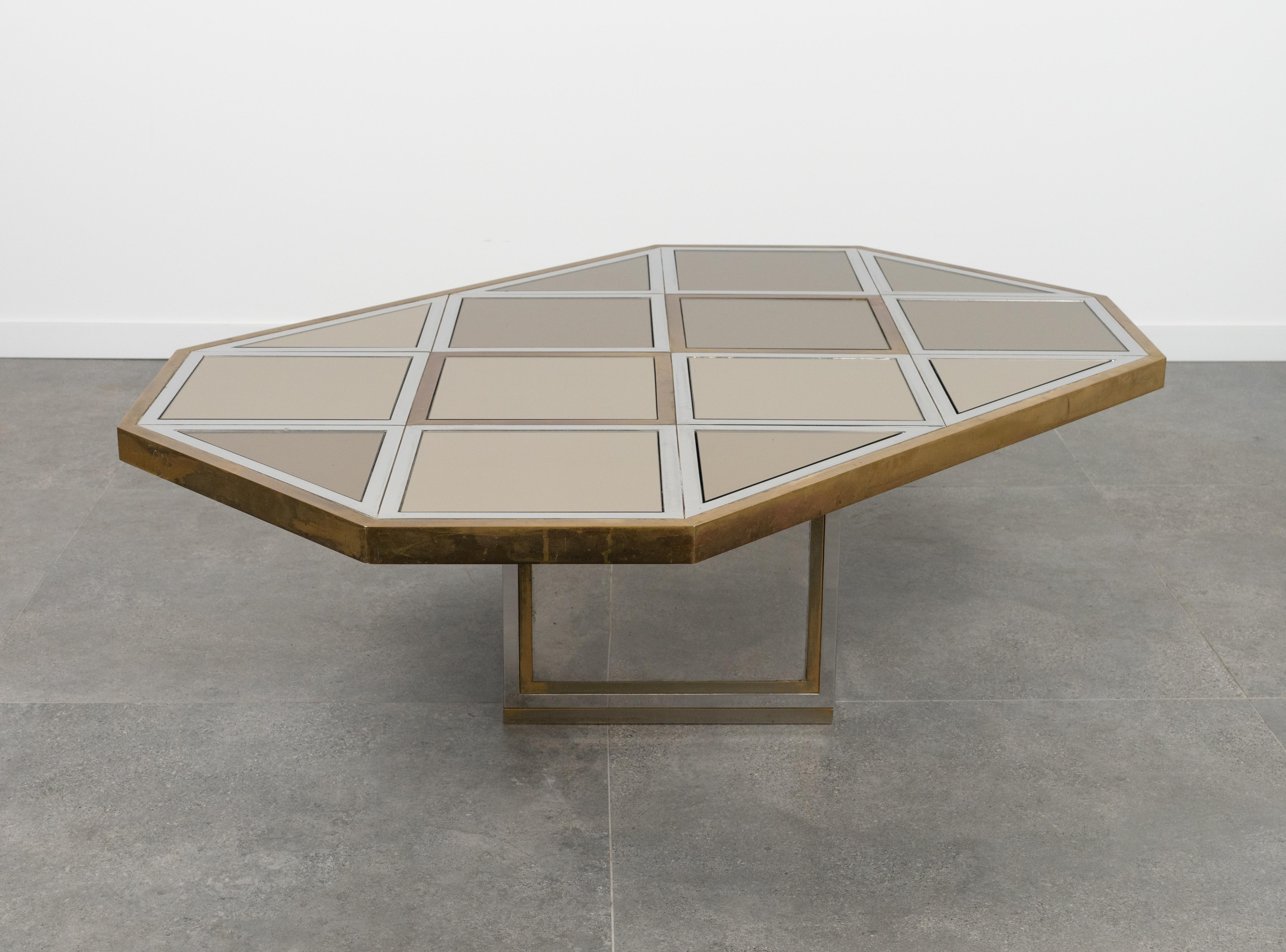 Midcentury Brass, Chrome and Mirror Coffee Table Romeo Rega Style, Italy 1970s For Sale 8