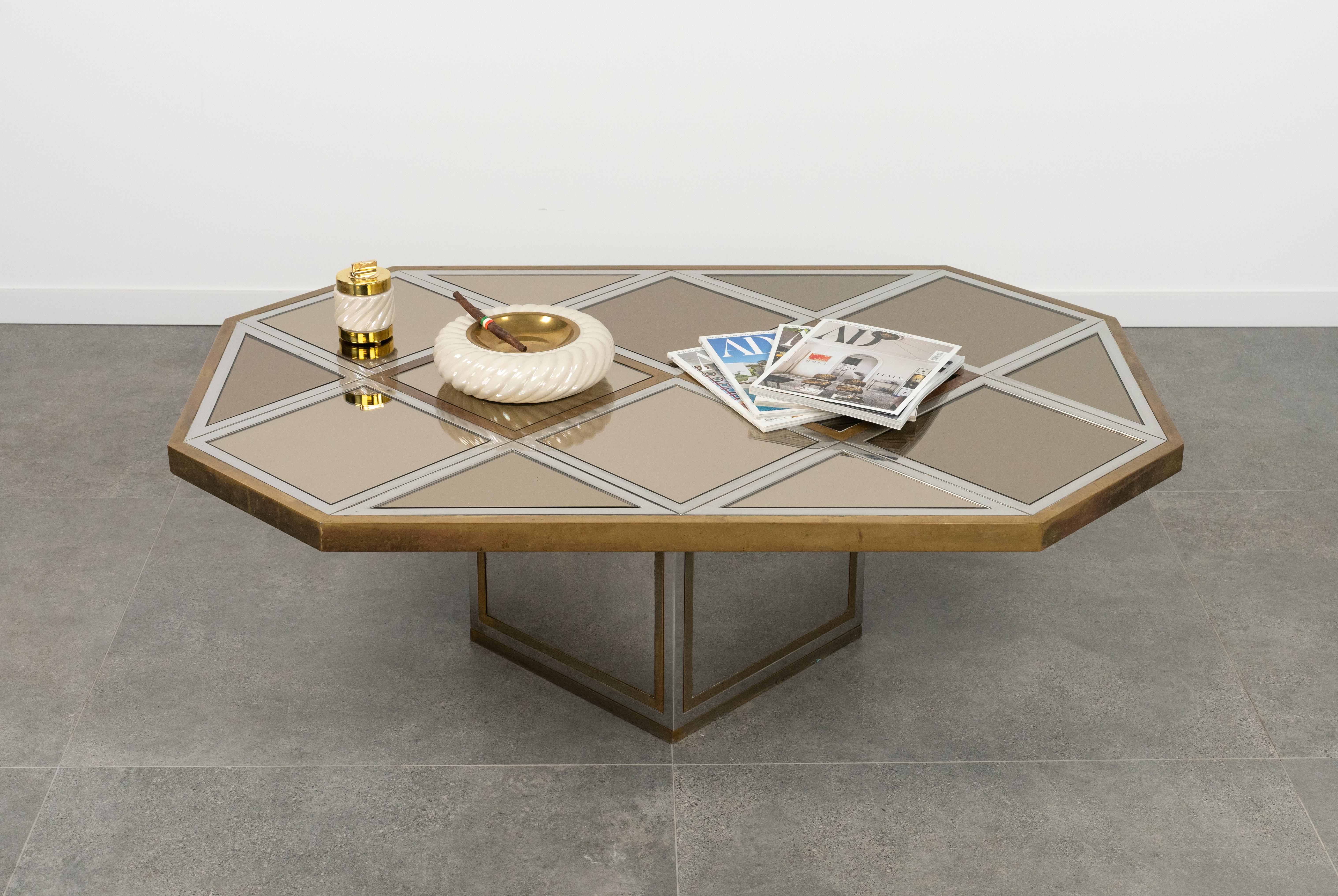 Midcentury Brass, Chrome and Mirror Coffee Table Romeo Rega Style, Italy 1970s For Sale 1