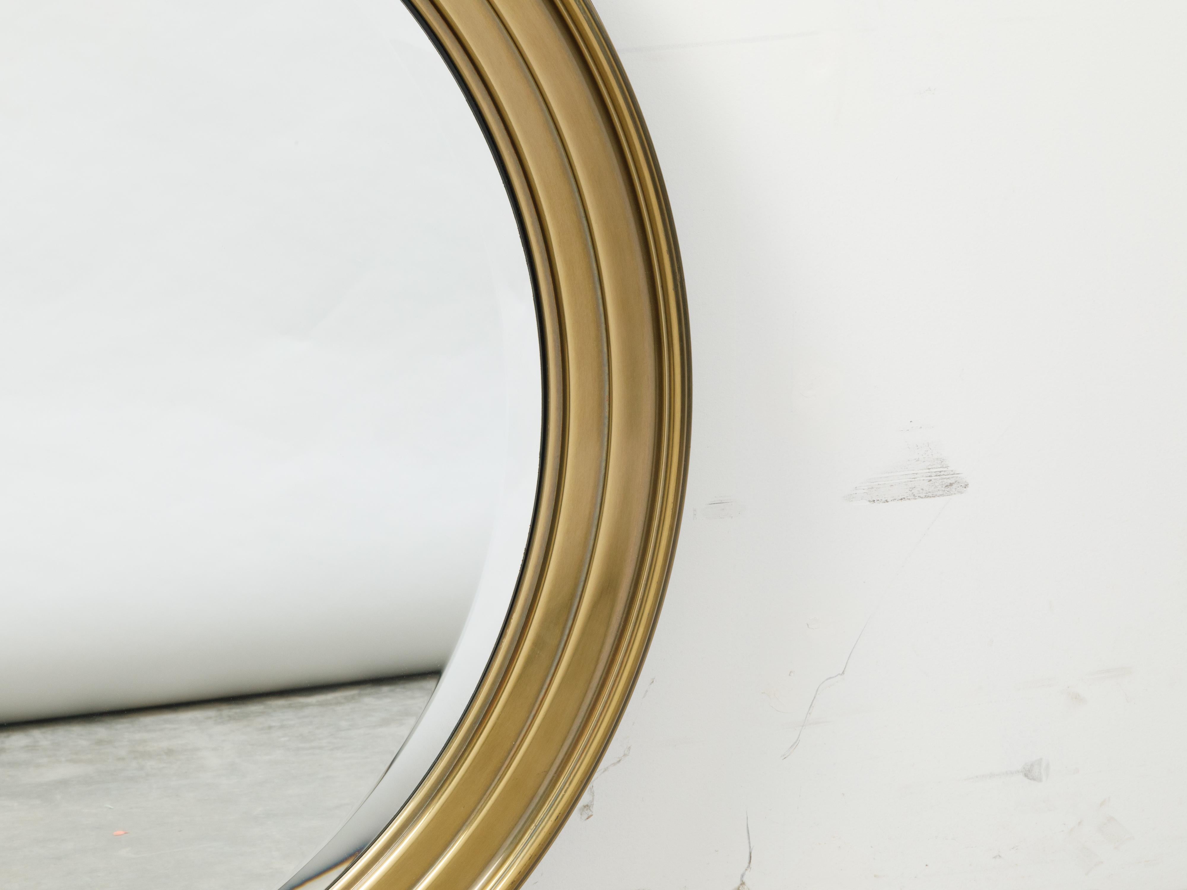Midcentury Brass Circular Mirror with Stepped Frame and Beveled Edge In Good Condition For Sale In Atlanta, GA