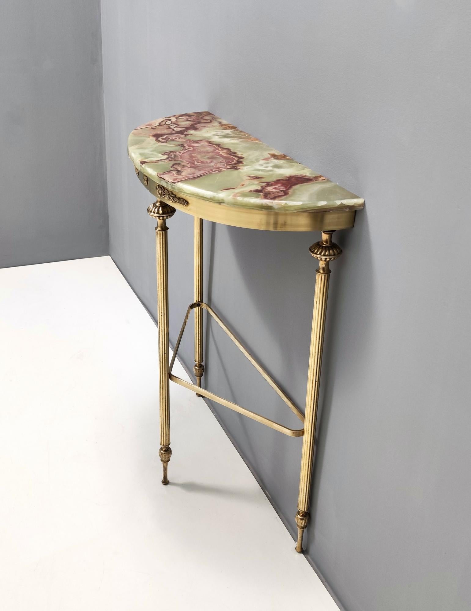 Cast Midcentury Brass Console Table with a Demilune Red Veined Veined Onyx Top, Italy