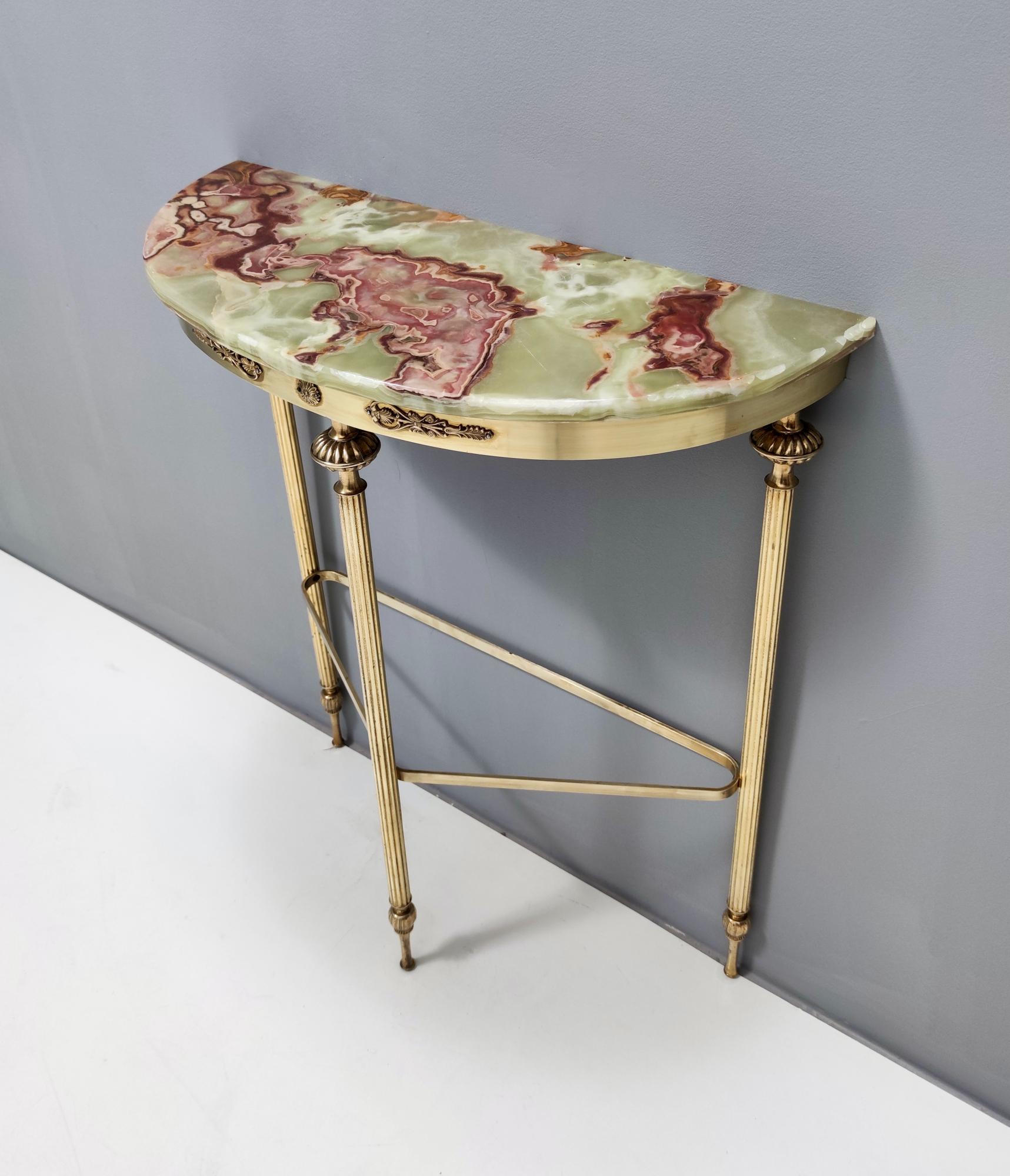 Mid-20th Century Midcentury Brass Console Table with a Demilune Red Veined Veined Onyx Top, Italy