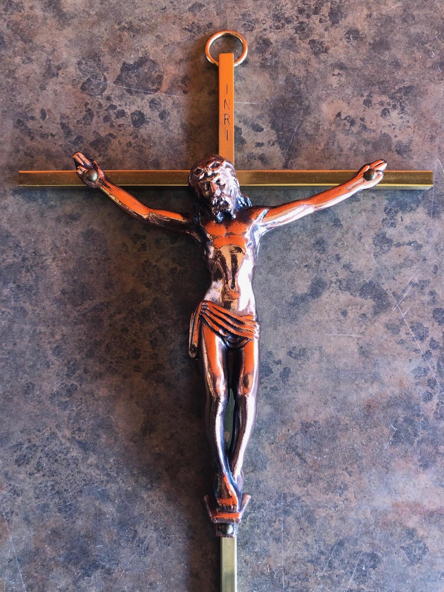 Mid-Century Modern Midcentury Brass Crucifix with Copper Jesus For Sale