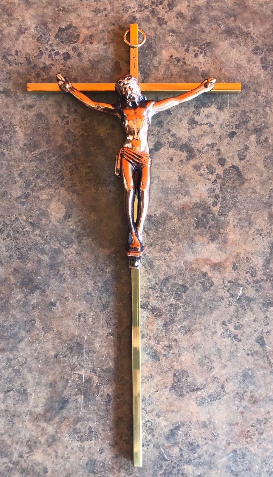 American Midcentury Brass Crucifix with Copper Jesus For Sale