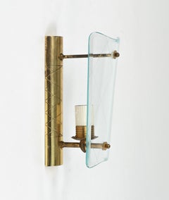 Midcentury Brass & Curved Glass Pair of Sconces Fontana Arte Style, Italy 1950s