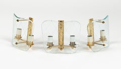 Set di 3 lampade in ottone e vetro curvo del Medioevo Fontana Arte, Italia 1950