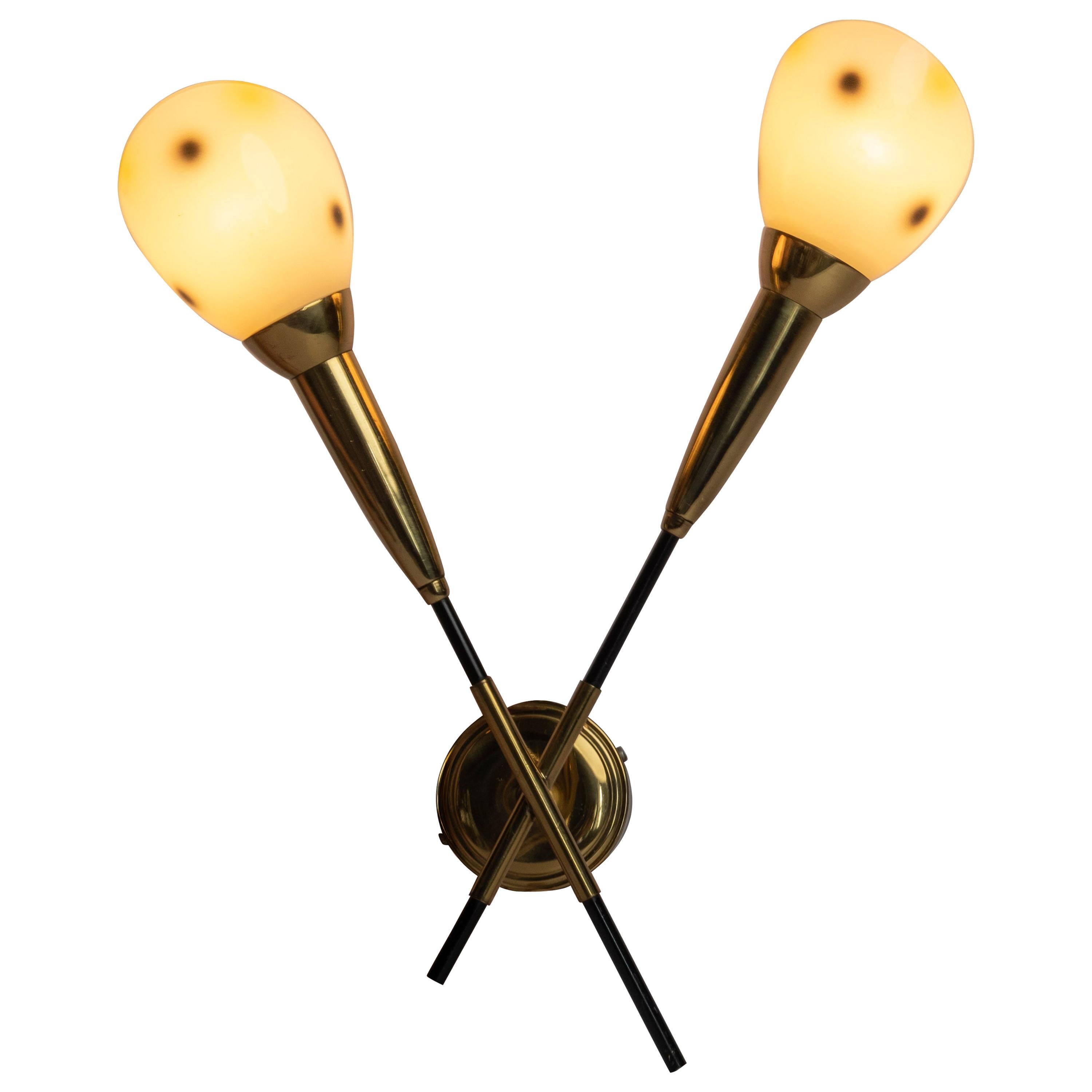 Midcentury Brass Double Headed Wall Lamp with Opaline Glass Shades, 1950s