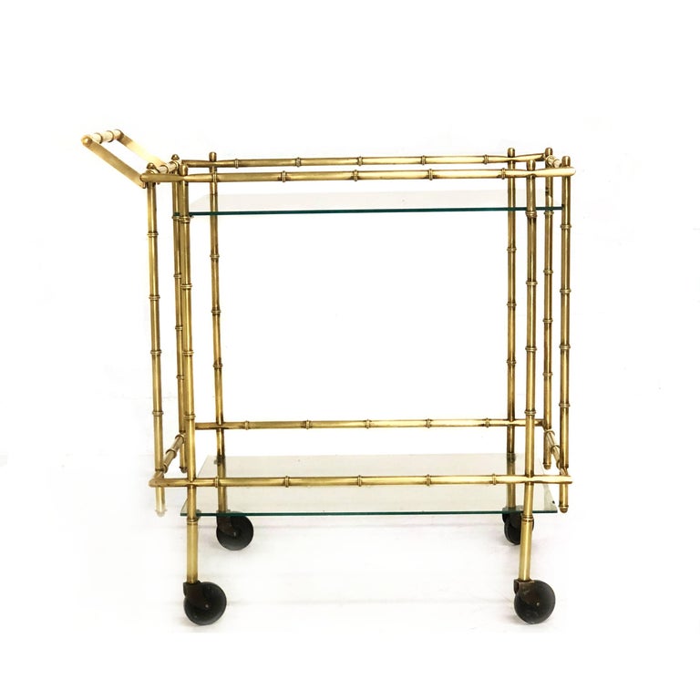 Midcentury Brass Faux Bamboo Bar Cart For Sale at 1stDibs