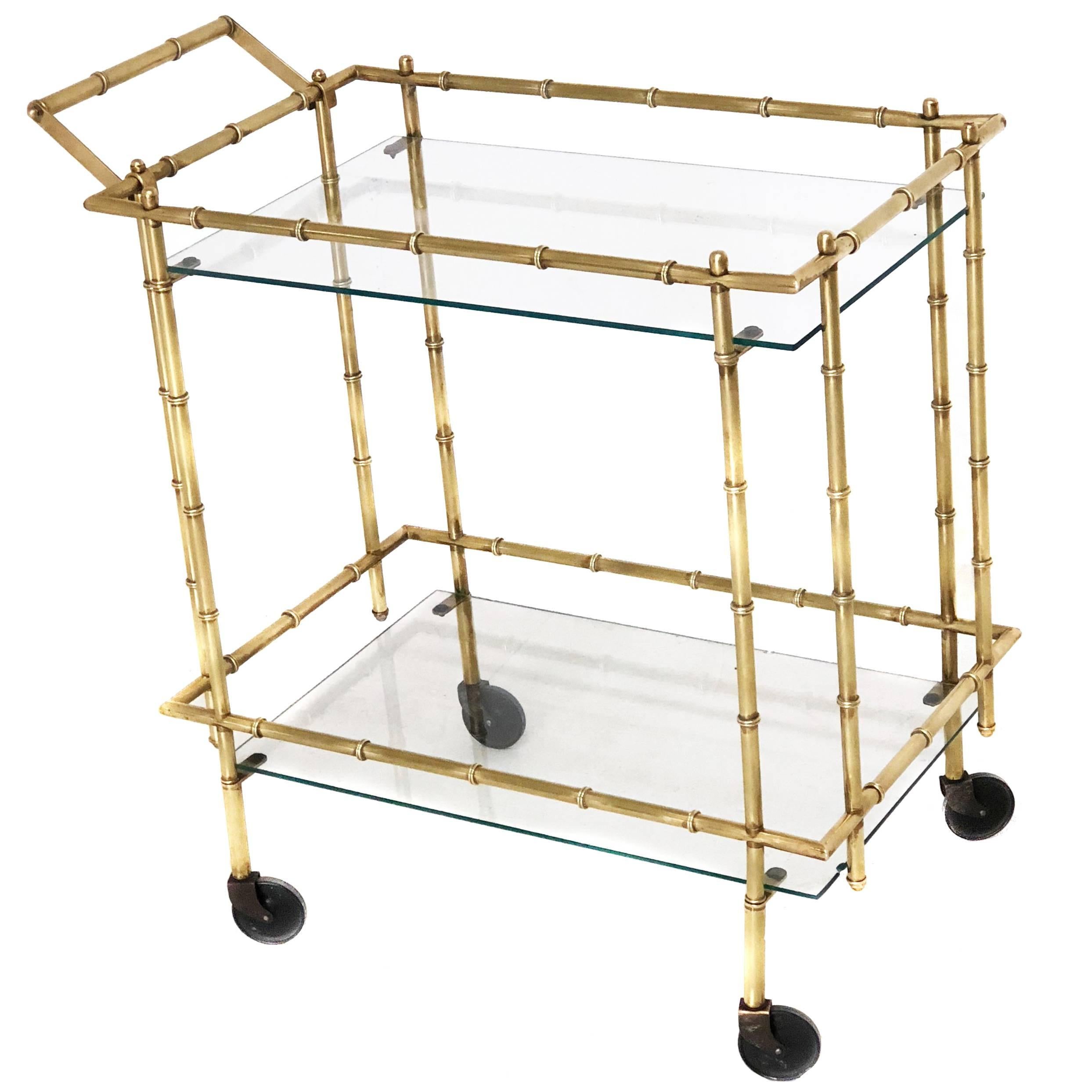 Midcentury Brass Faux Bamboo Bar Cart For Sale