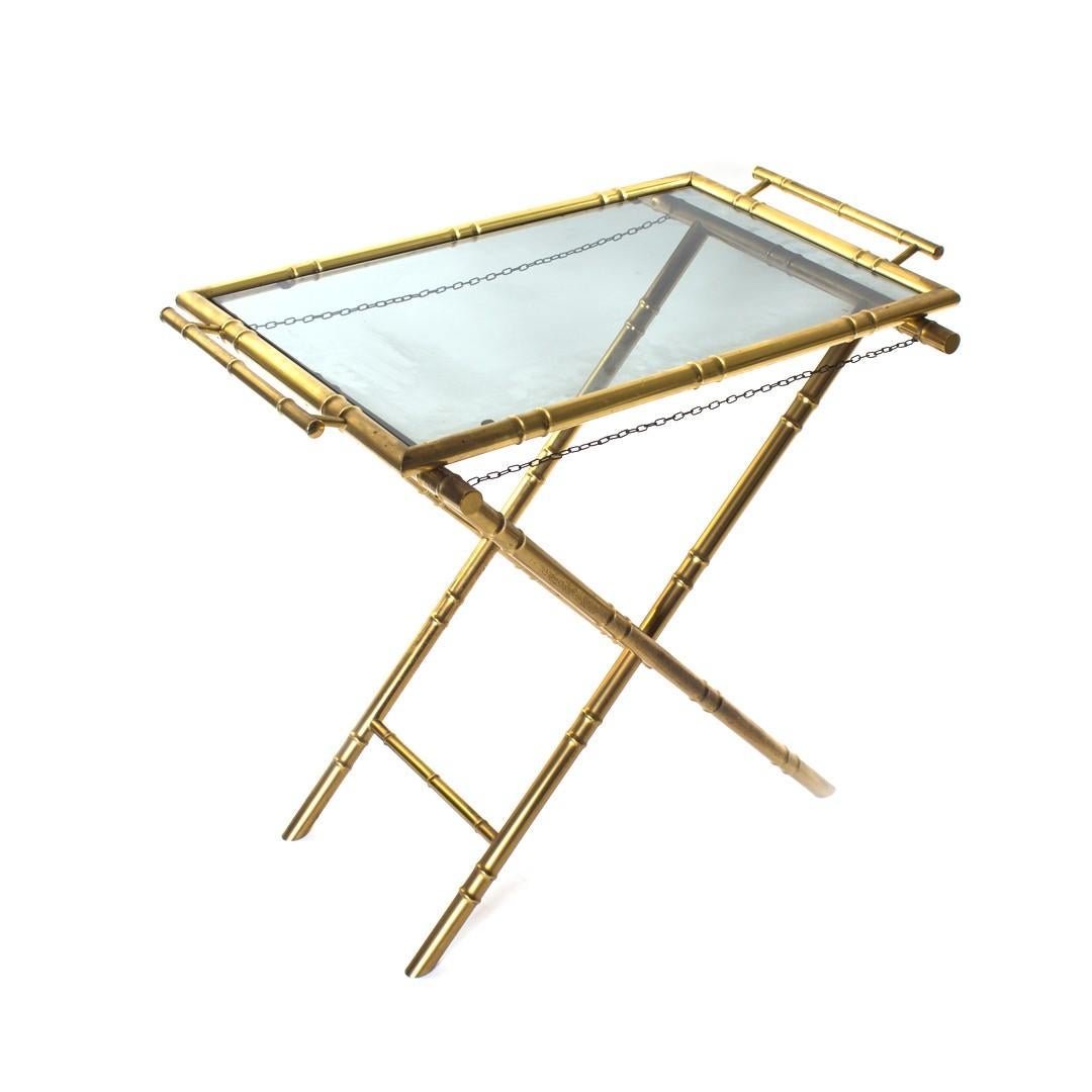 Midcentury Brass Faux Bamboo Butlers Table with Smoked Glass Top
