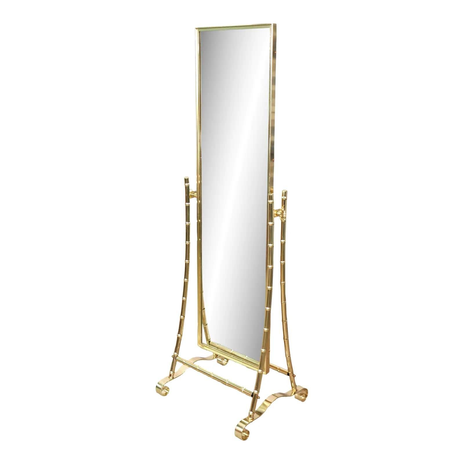 Late 20th Century Midcentury Brass Faux Bamboo Full Length Floor Mirror For Sale