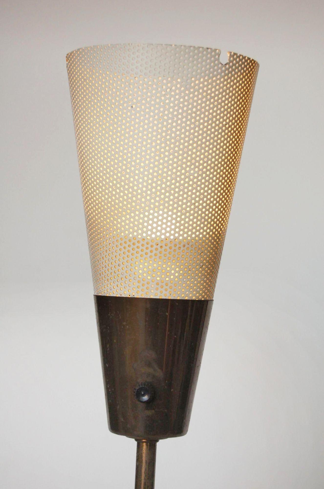 Mid-Century Modern Midcentury Brass Free Standing Torchiere Table Lamp with Perforated Cone Shade For Sale
