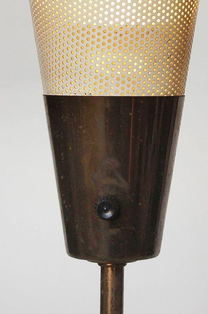 American Midcentury Brass Free Standing Torchiere Table Lamp with Perforated Cone Shade For Sale