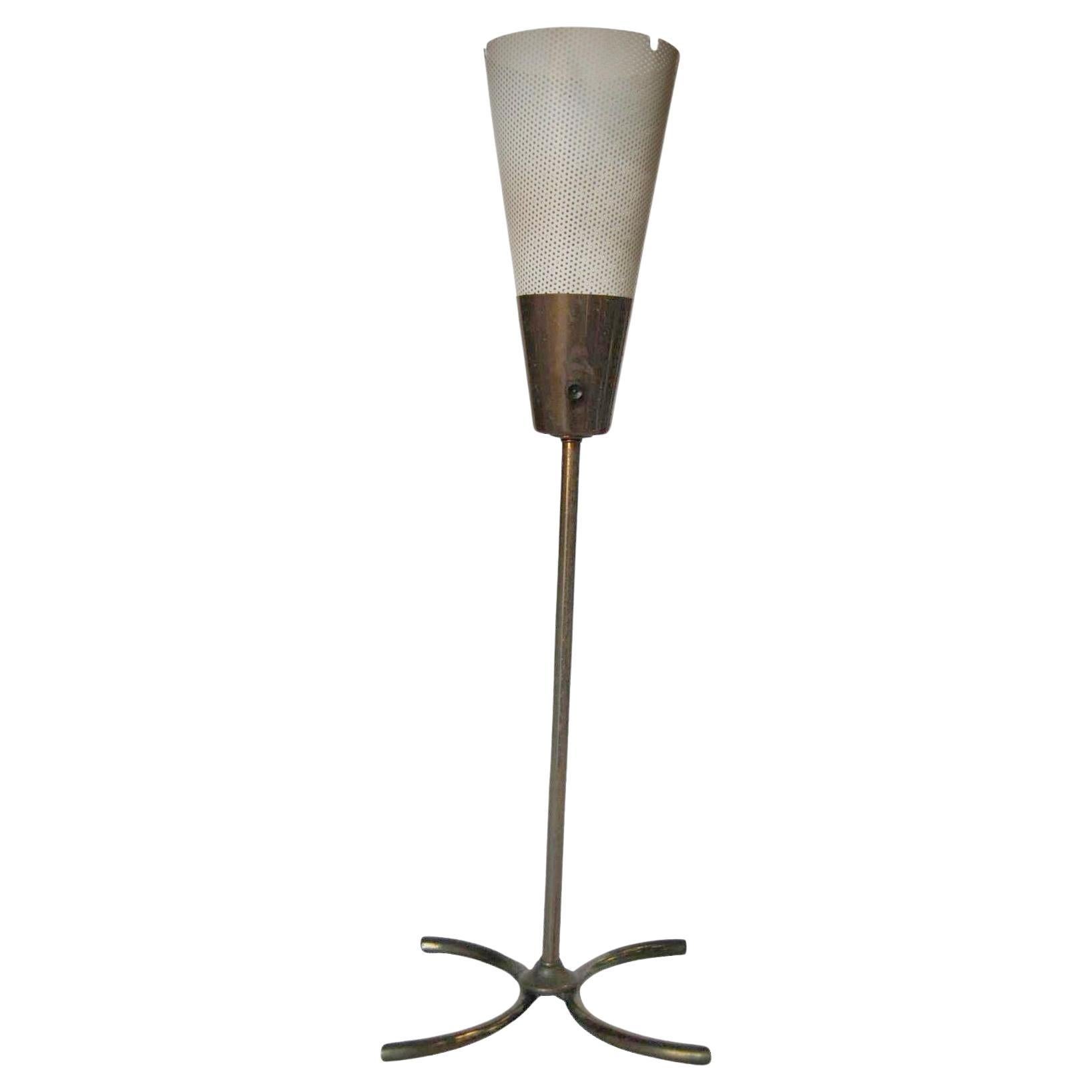 Midcentury Brass Free Standing Torchiere Table Lamp with Perforated Cone Shade For Sale