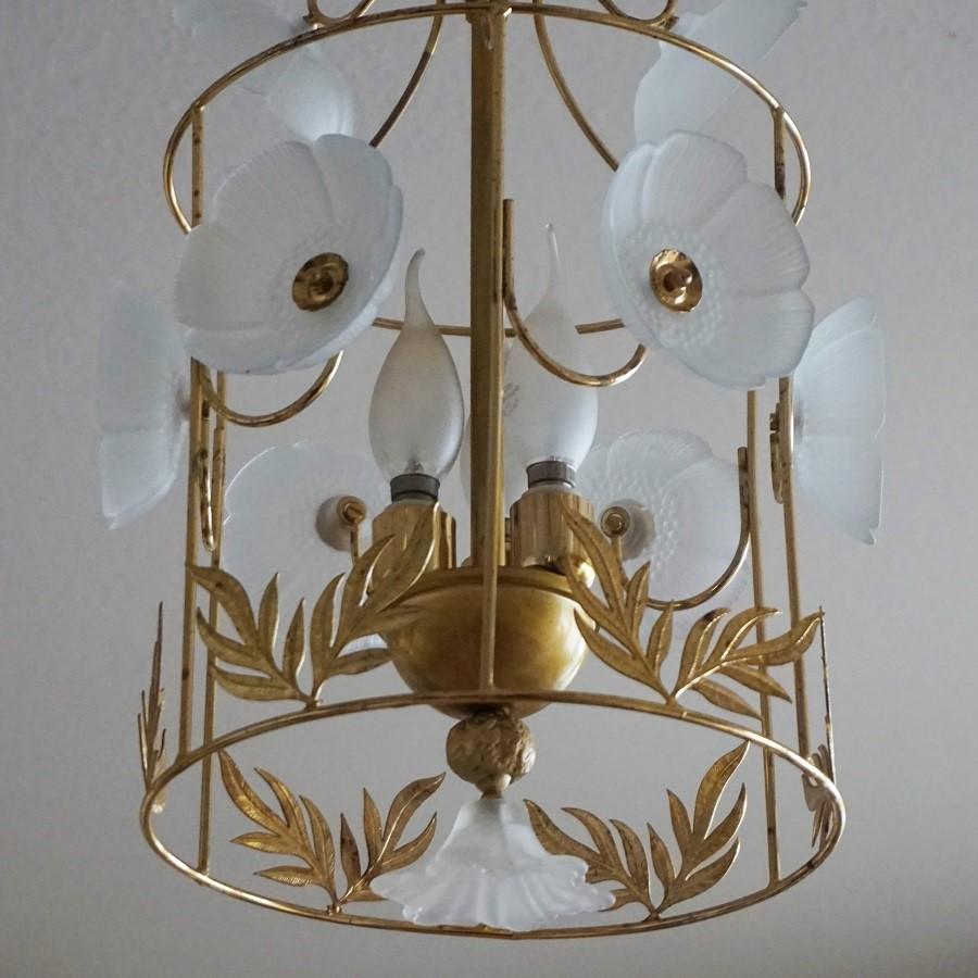 20th Century Midcentury Brass Frosted Glass Flowers Cylinder Three-Light Lantern For Sale