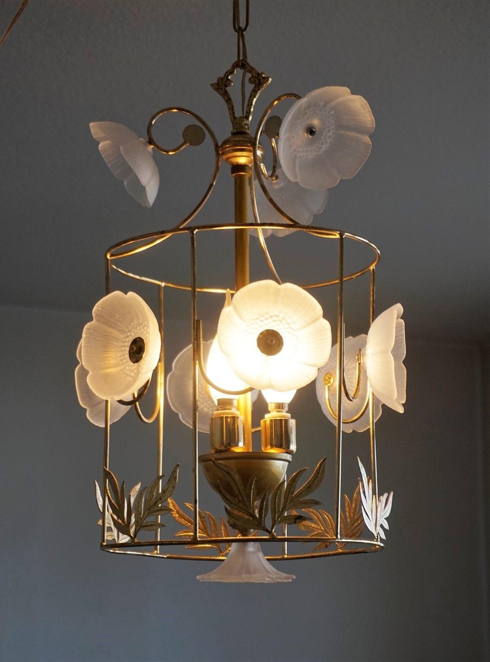Midcentury Brass Frosted Glass Flowers Cylinder Three-Light Lantern For Sale 2