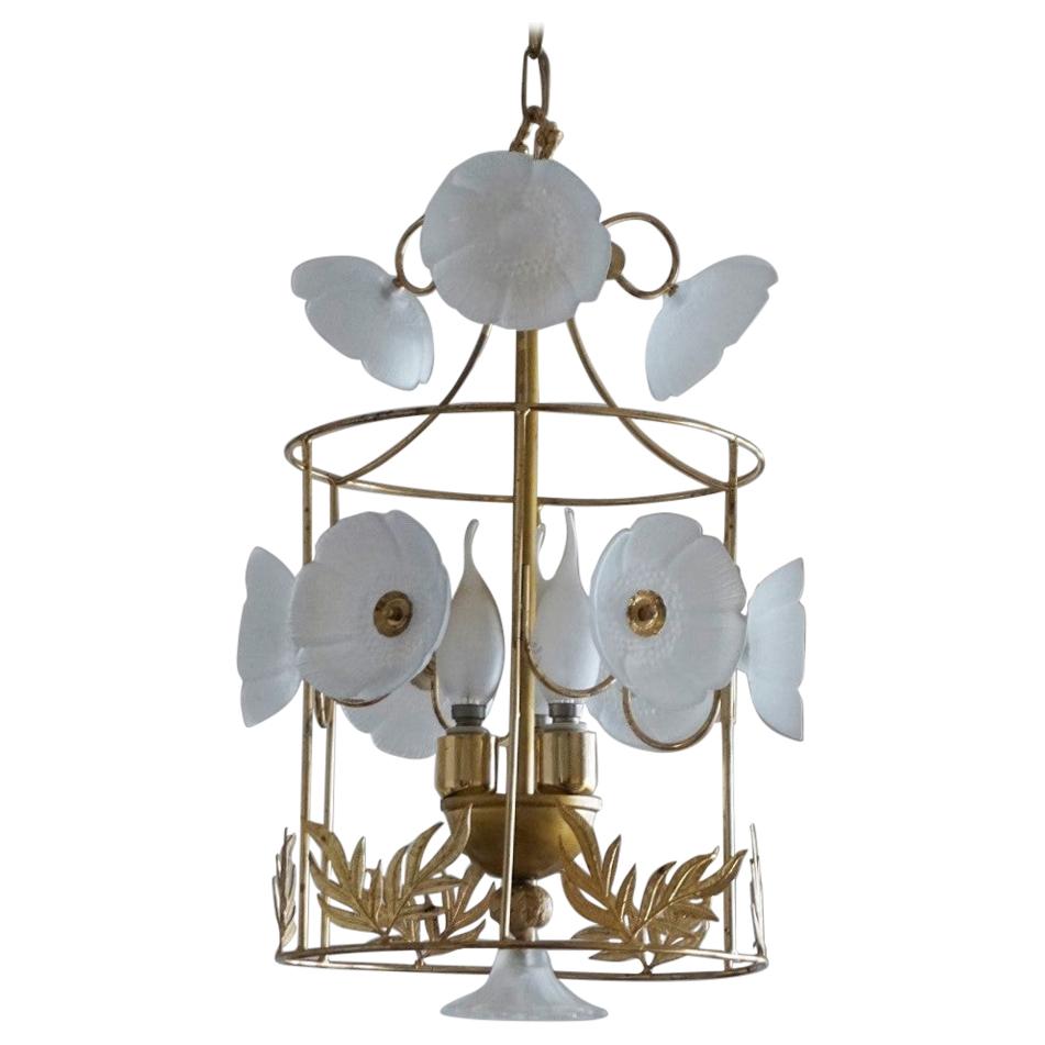Midcentury Brass Frosted Glass Flowers Cylinder Three-Light Lantern For Sale
