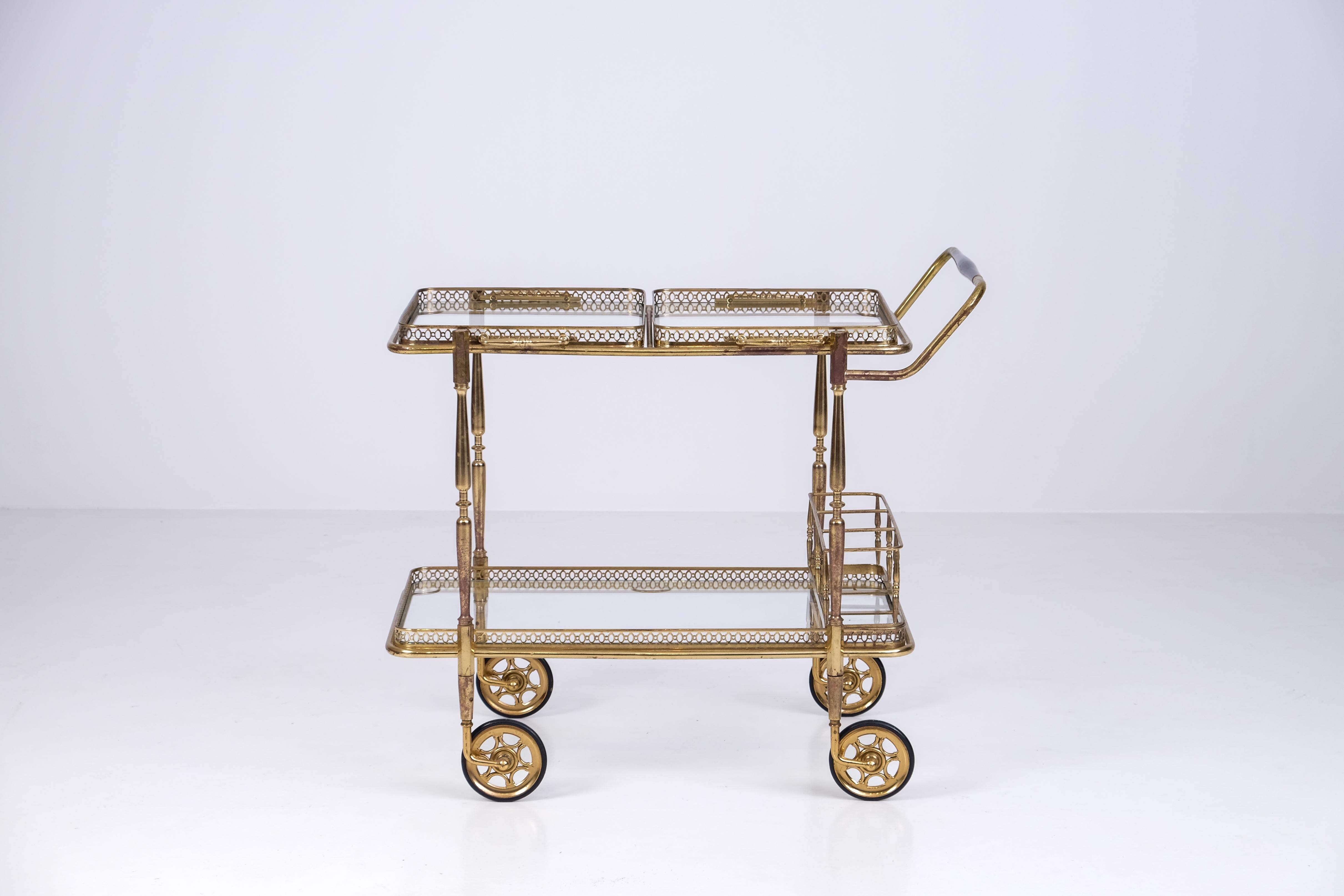 Mid-20th Century Midcentury Brass & Glass Bar Cart, 1960s For Sale