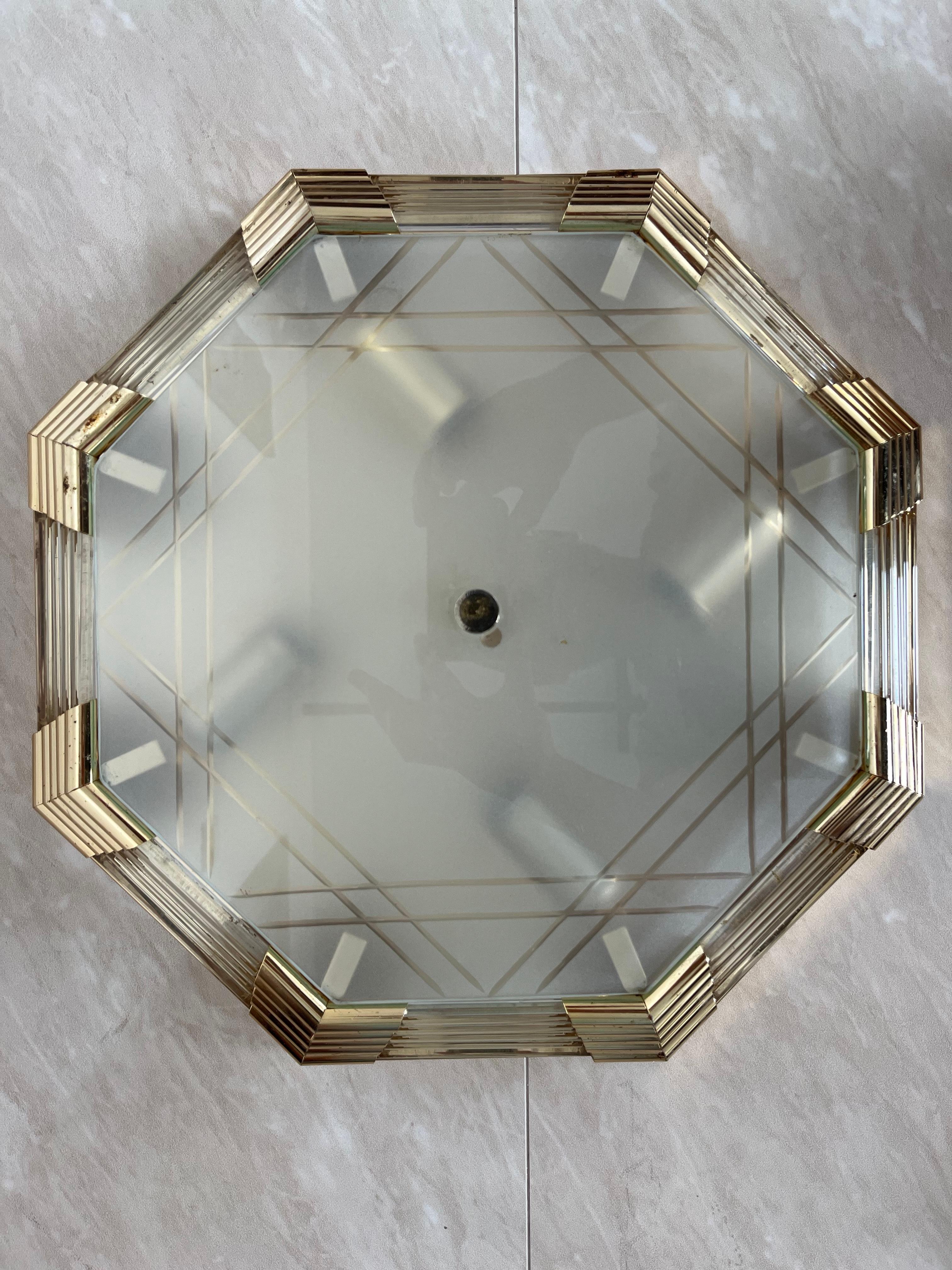 Late 20th Century Midcentury Brass / Glass Ceiling Lamp/Flush Mount or Wall Lamp, 1960s For Sale
