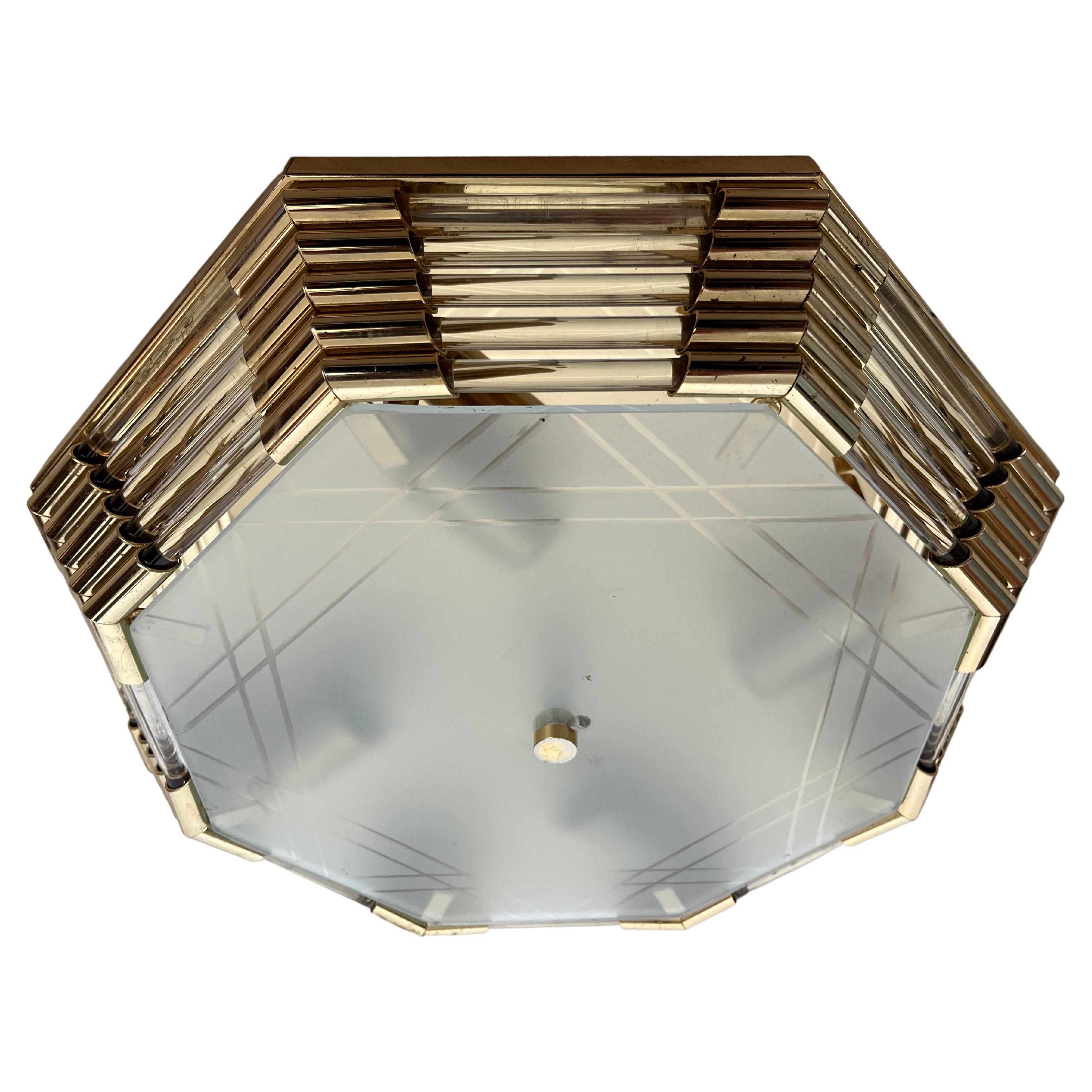 Midcentury Brass / Glass Ceiling Lamp/Flush Mount or Wall Lamp, 1960s For Sale