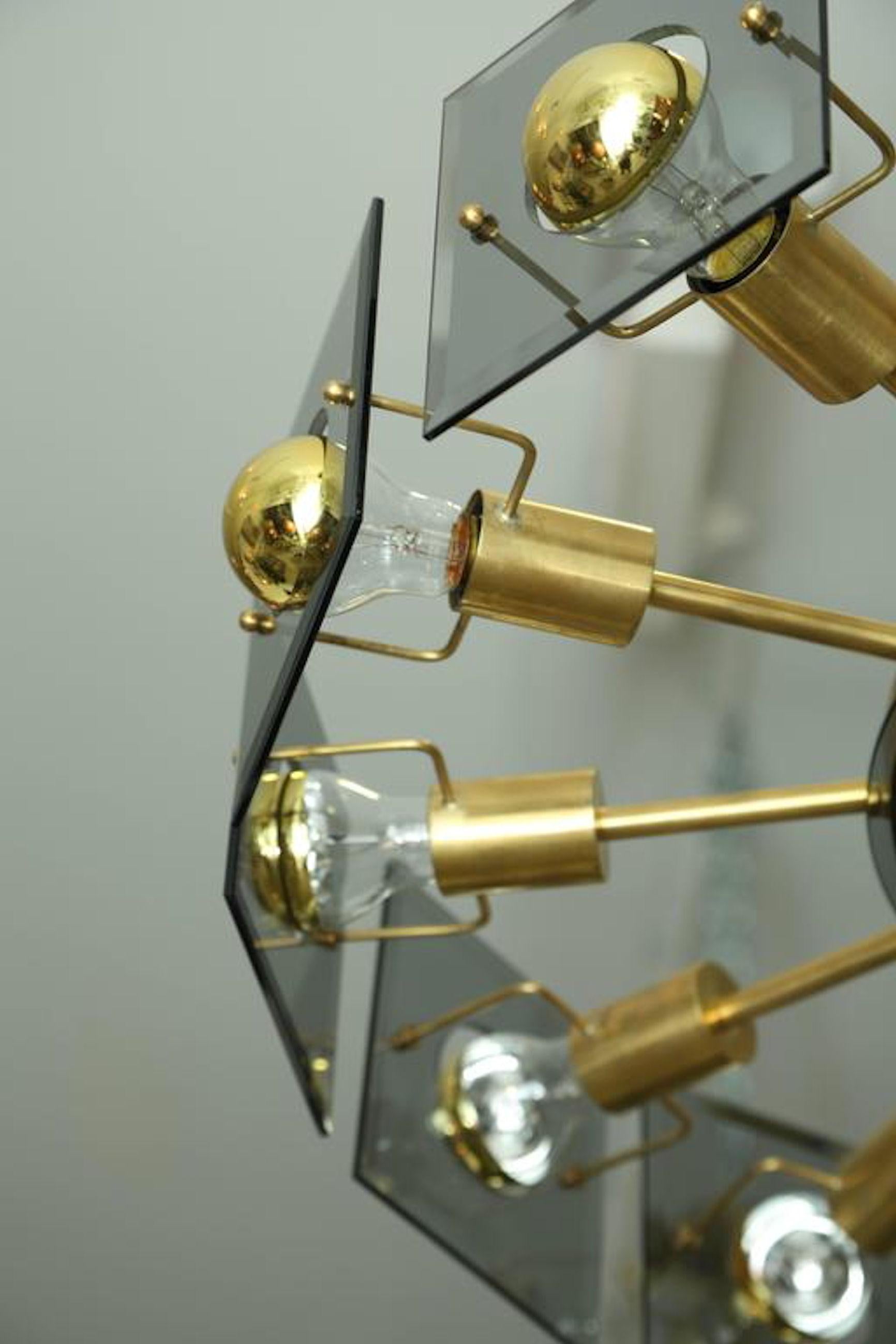 Italian Midcentury Brass-Glass Chandelier by Gino Paroldo, Fontana Arte Style, 1970s