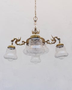 Midcentury Brass and Glass Five Lights Dragon Chandelier, 1950s
