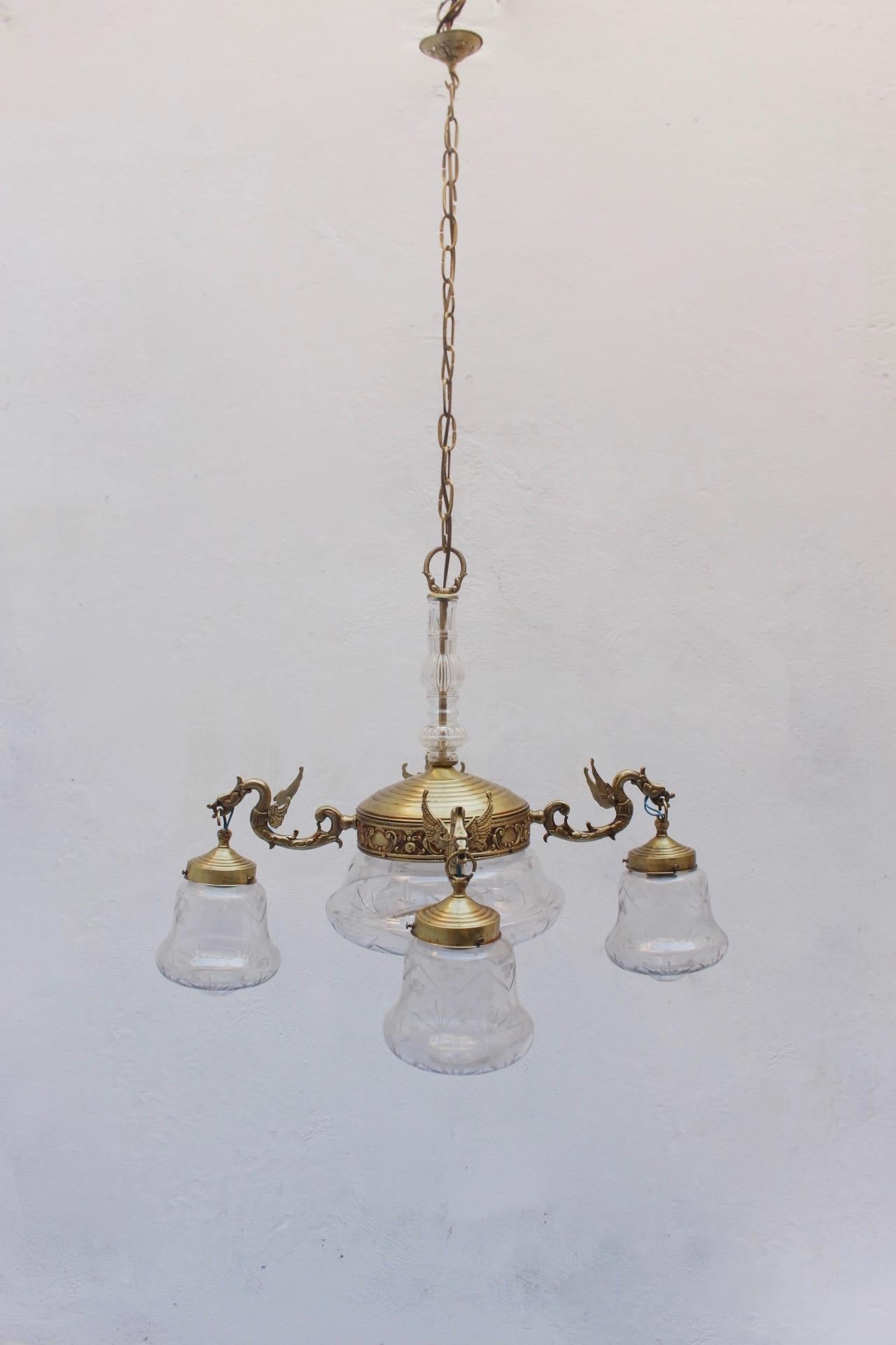 Mid-Century Modern Midcentury Brass and Glass Five Lights Dragon Chandelier, 1950s For Sale