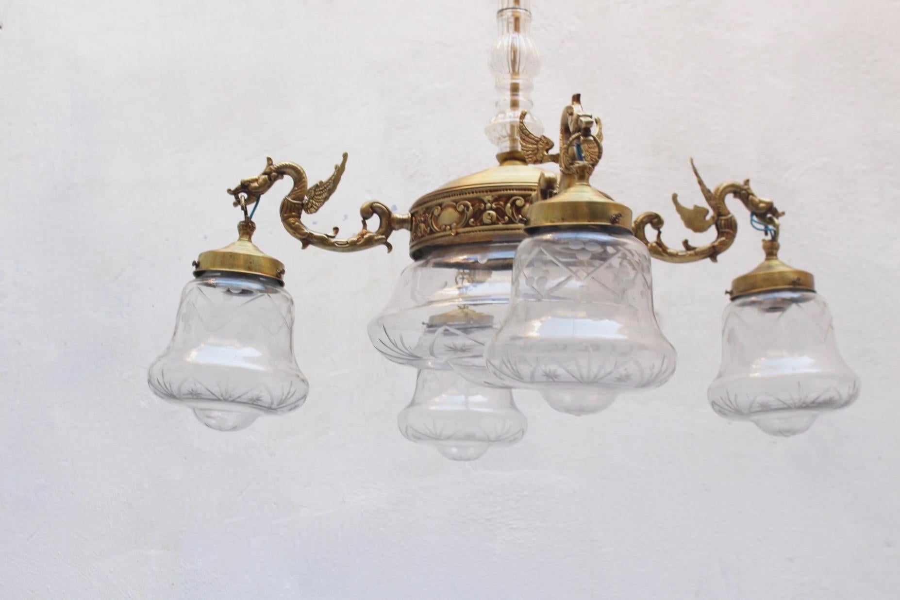 Spanish Midcentury Brass and Glass Five Lights Dragon Chandelier, 1950s For Sale