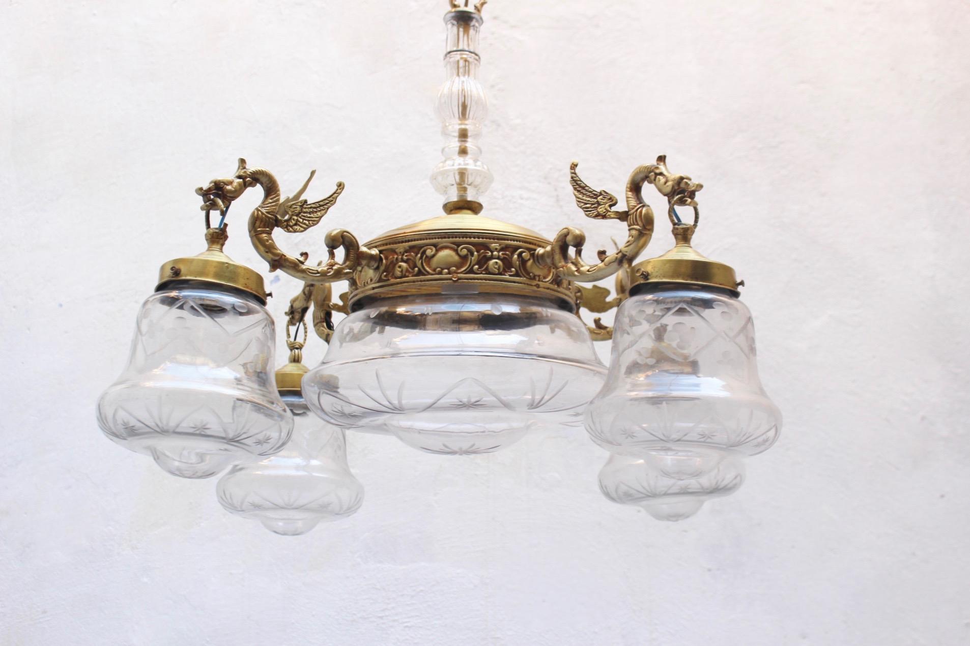 Mid-20th Century Midcentury Brass and Glass Five Lights Dragon Chandelier, 1950s For Sale