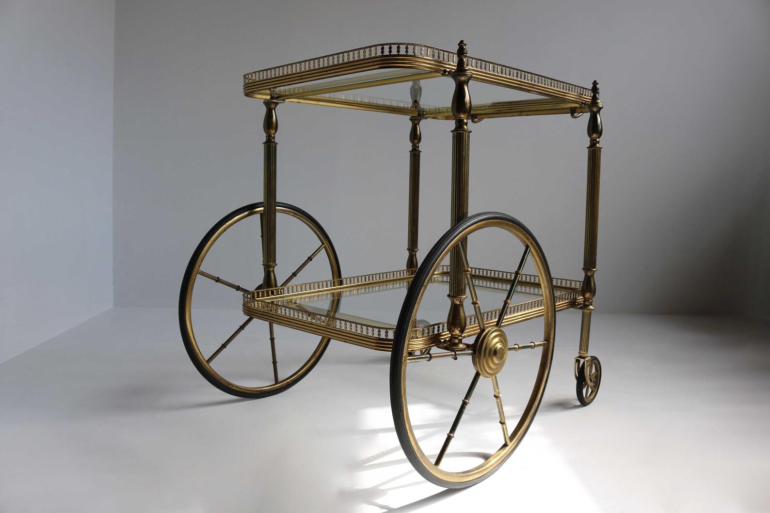 Midcentury Brass Golden Bar Cart Trolley Italian 1950 Hollywood Regency Design 5