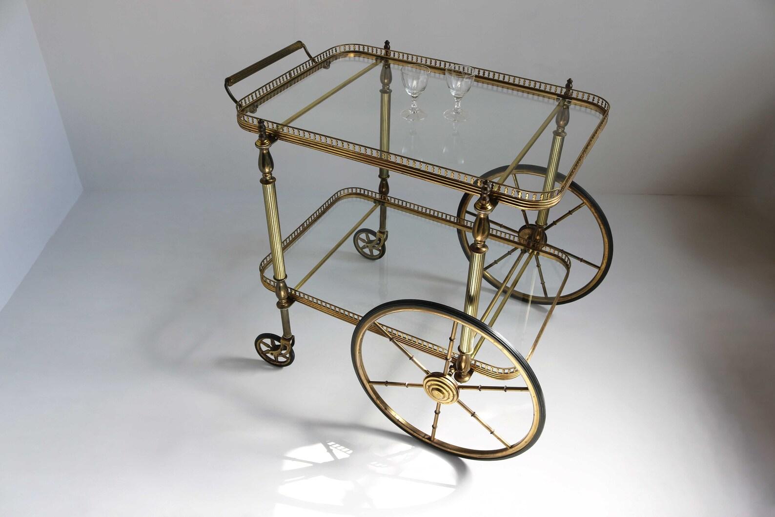 Midcentury Brass Golden Bar Cart Trolley Italian 1950 Hollywood Regency Design 6