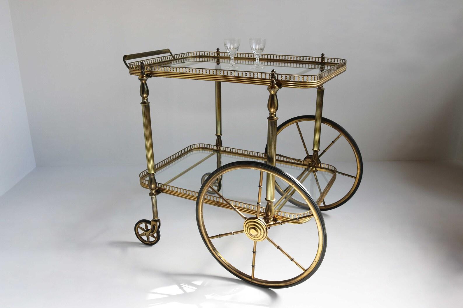 Mid-20th Century Midcentury Brass Golden Bar Cart Trolley Italian 1950 Hollywood Regency Design