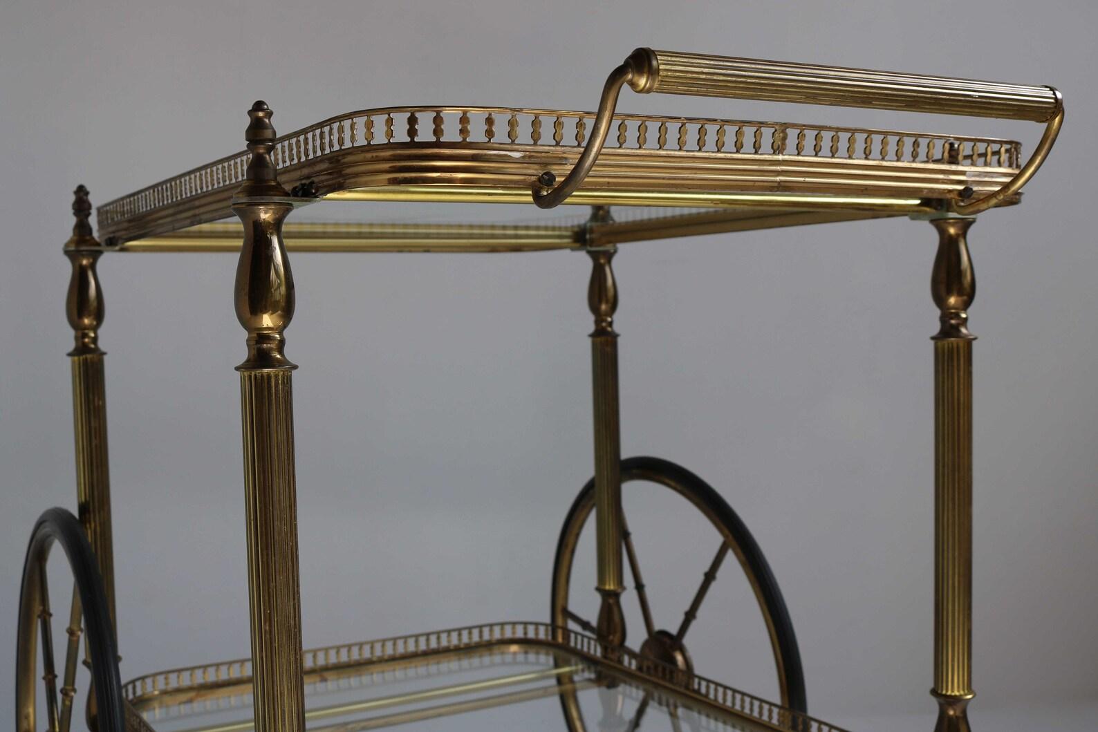 Midcentury Brass Golden Bar Cart Trolley Italian 1950 Hollywood Regency Design 3